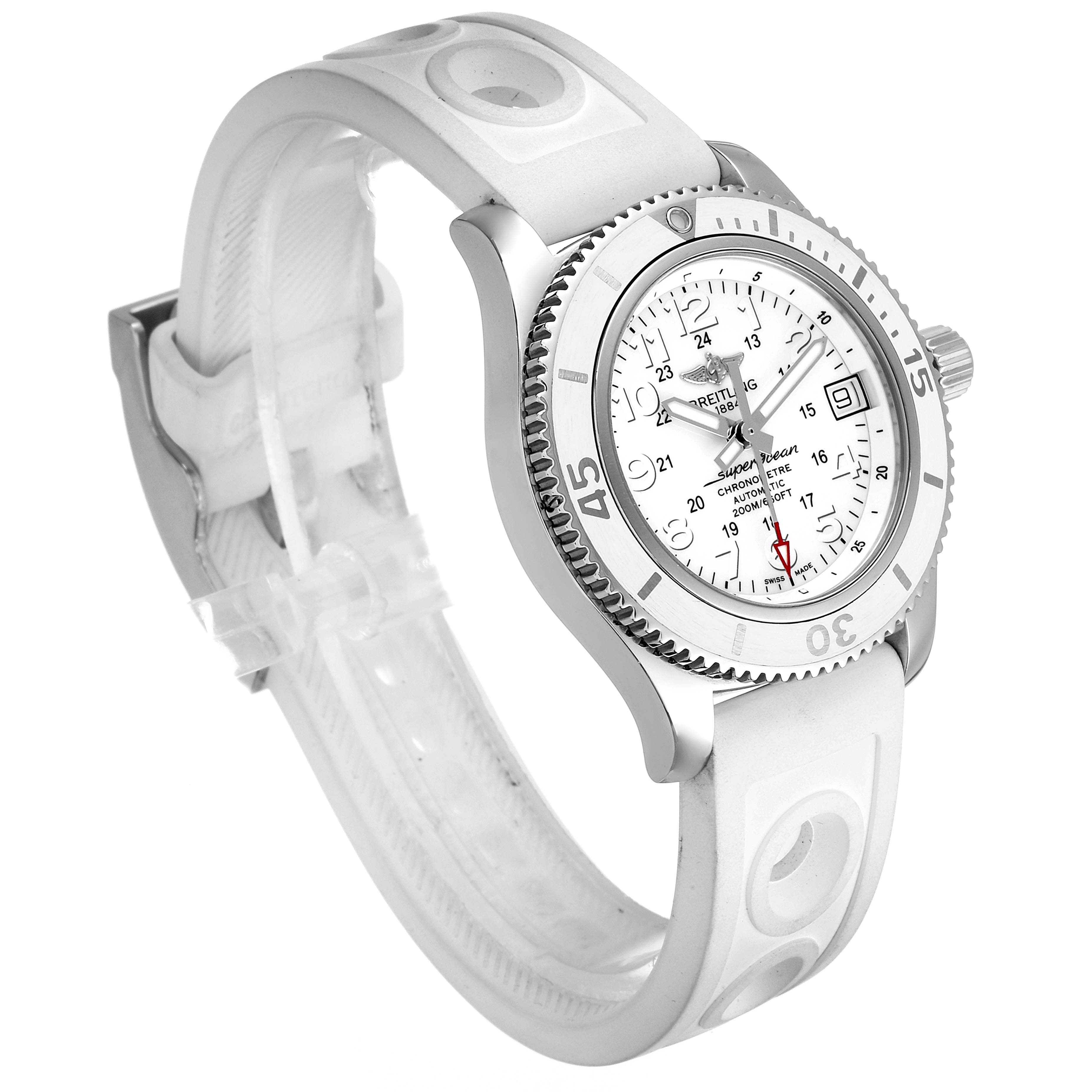 The Breitling A17312 Women's Stainless Steel White Dial A17312 Women's Stainless Steel White Dial Superocean II 36 Hurricane White Dial Ladies Watch A17312 is shown at a three-quarter angle highlighting the dial and strap.