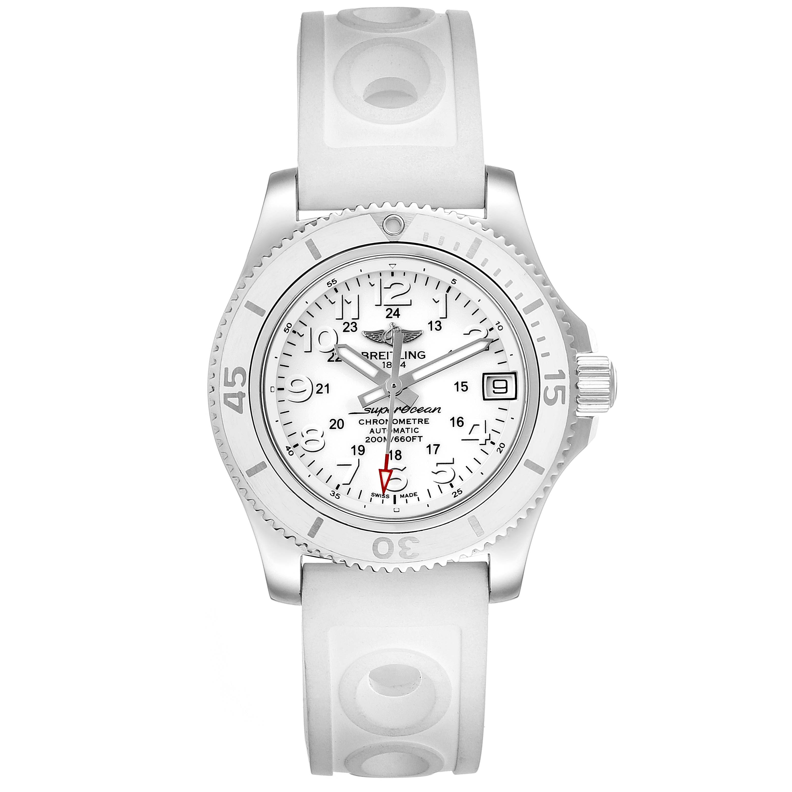 The image shows a front view of the Breitling A17312 Women's Stainless Steel White Dial A17312 Women's Stainless Steel White Dial Superocean II 36 Hurricane White Dial Ladies Watch A17312, highlighting the dial, bezel, and strap.