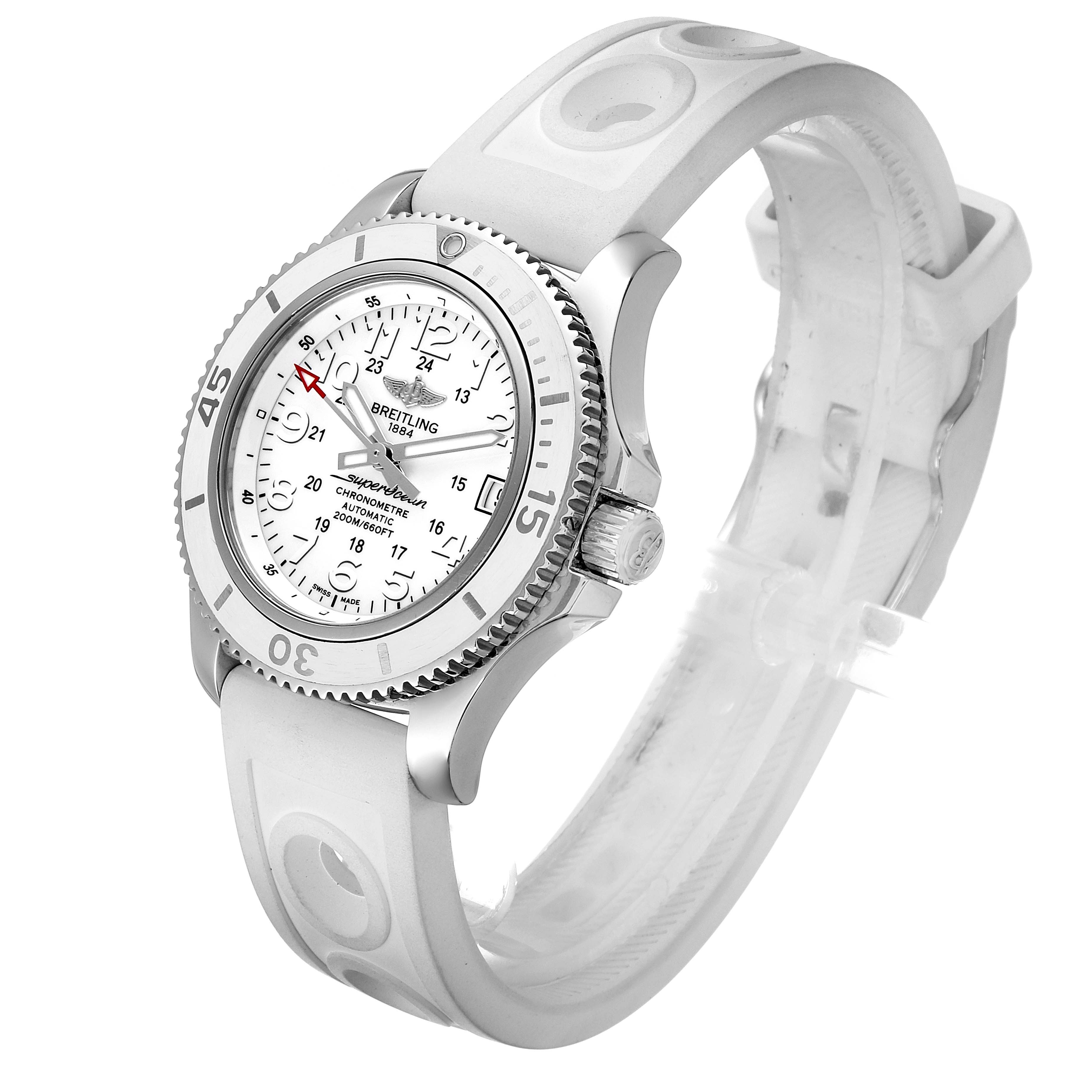 The image shows the Breitling A17312 Women's Stainless Steel White Dial A17312 Women's Stainless Steel White Dial Superocean II 36 Hurricane White Dial Ladies Watch A17312 at a slight angle highlighting the dial, bezel, and strap.