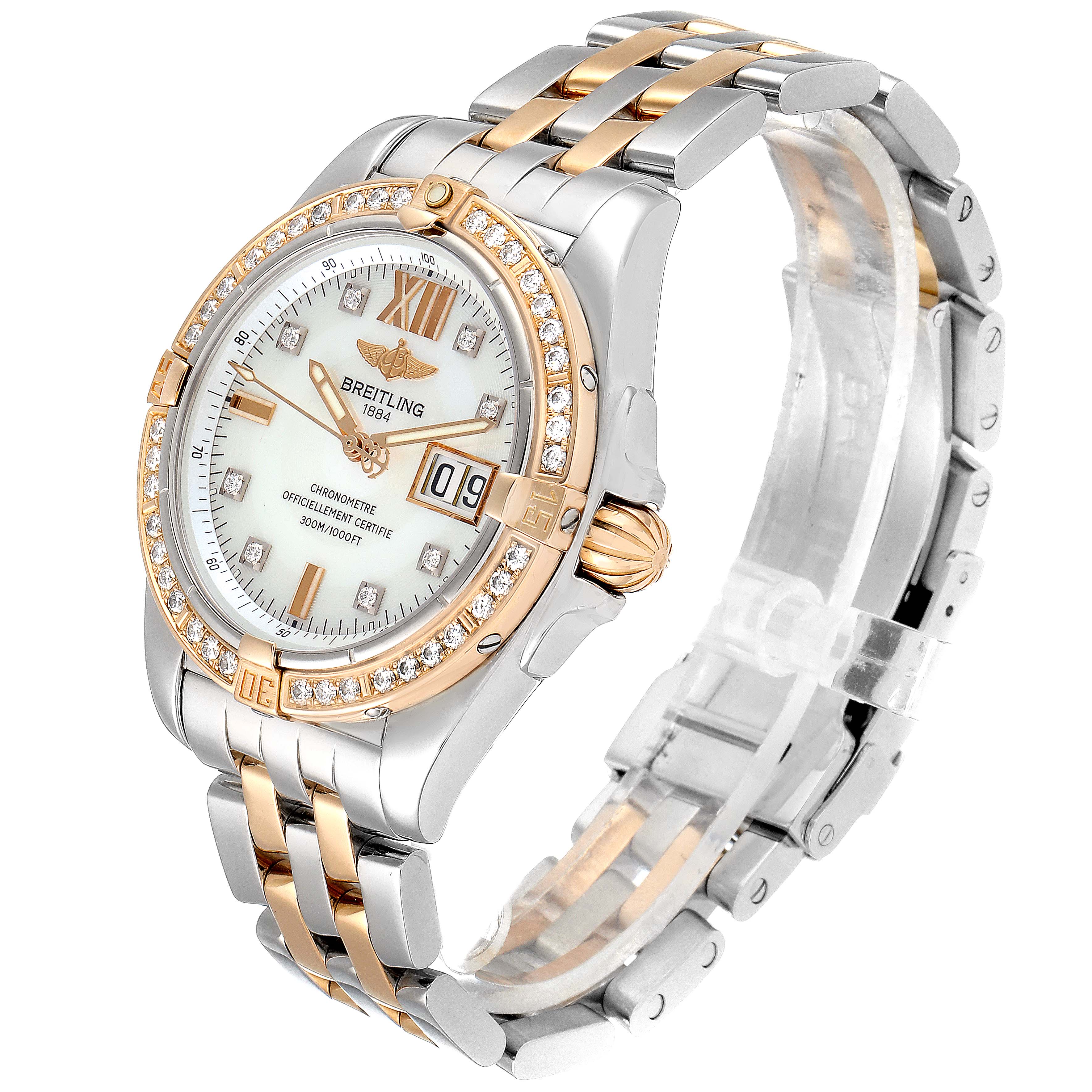 The Breitling Windrider C49350 Men's Steel and Gold (two tone) Mother of Pearl Dial C49350 Men's Steel and Gold (two tone) Mother of Pearl Dial model watch is shown at a three-quarter angle, displaying the face, bezel, bracelet, and crown.