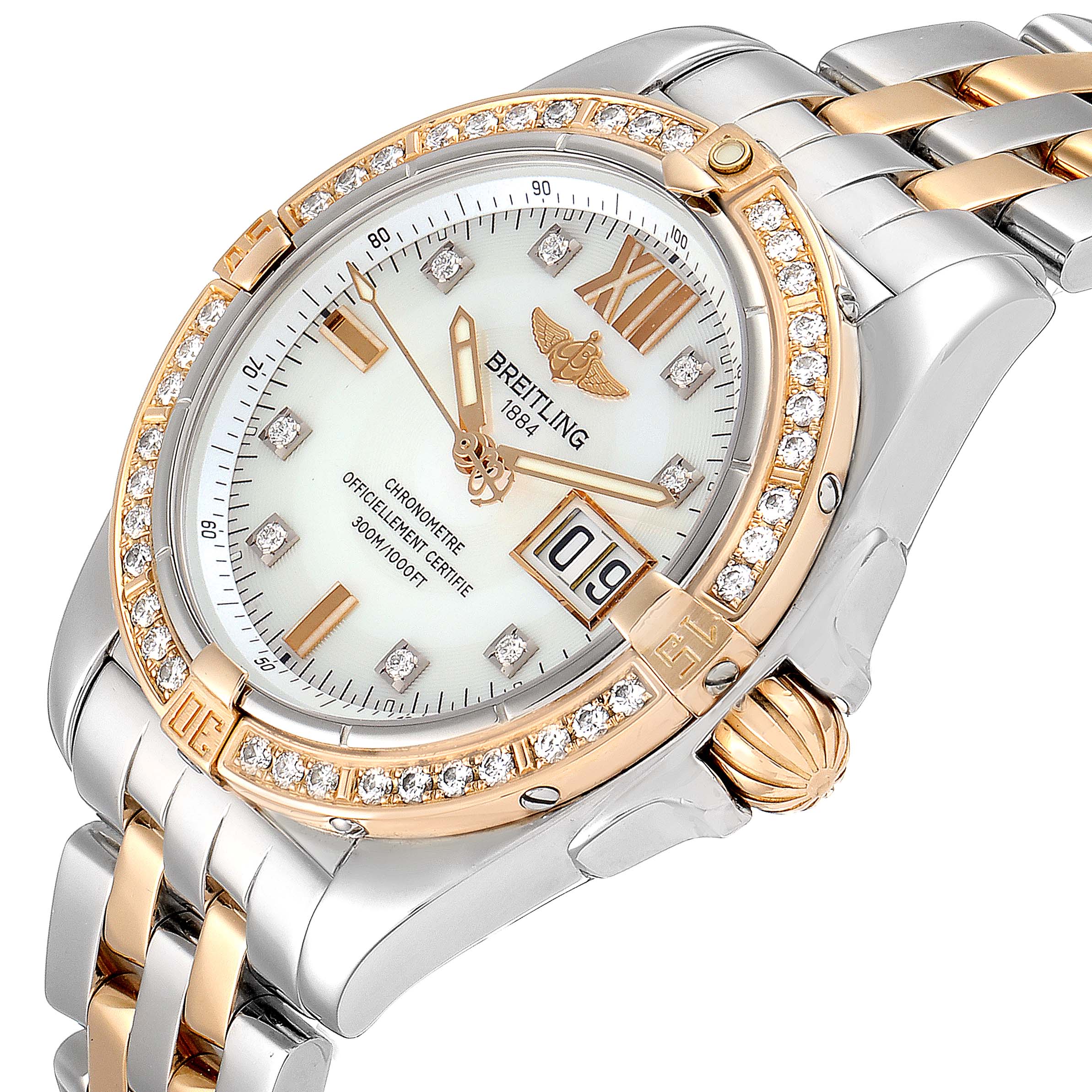 The Breitling Windrider C49350 Men's Steel and Gold (two tone) Mother of Pearl Dial C49350 Men's Steel and Gold (two tone) Mother of Pearl Dial watch is shown from an angled close-up, displaying the face, bezel, and part of the bracelet.