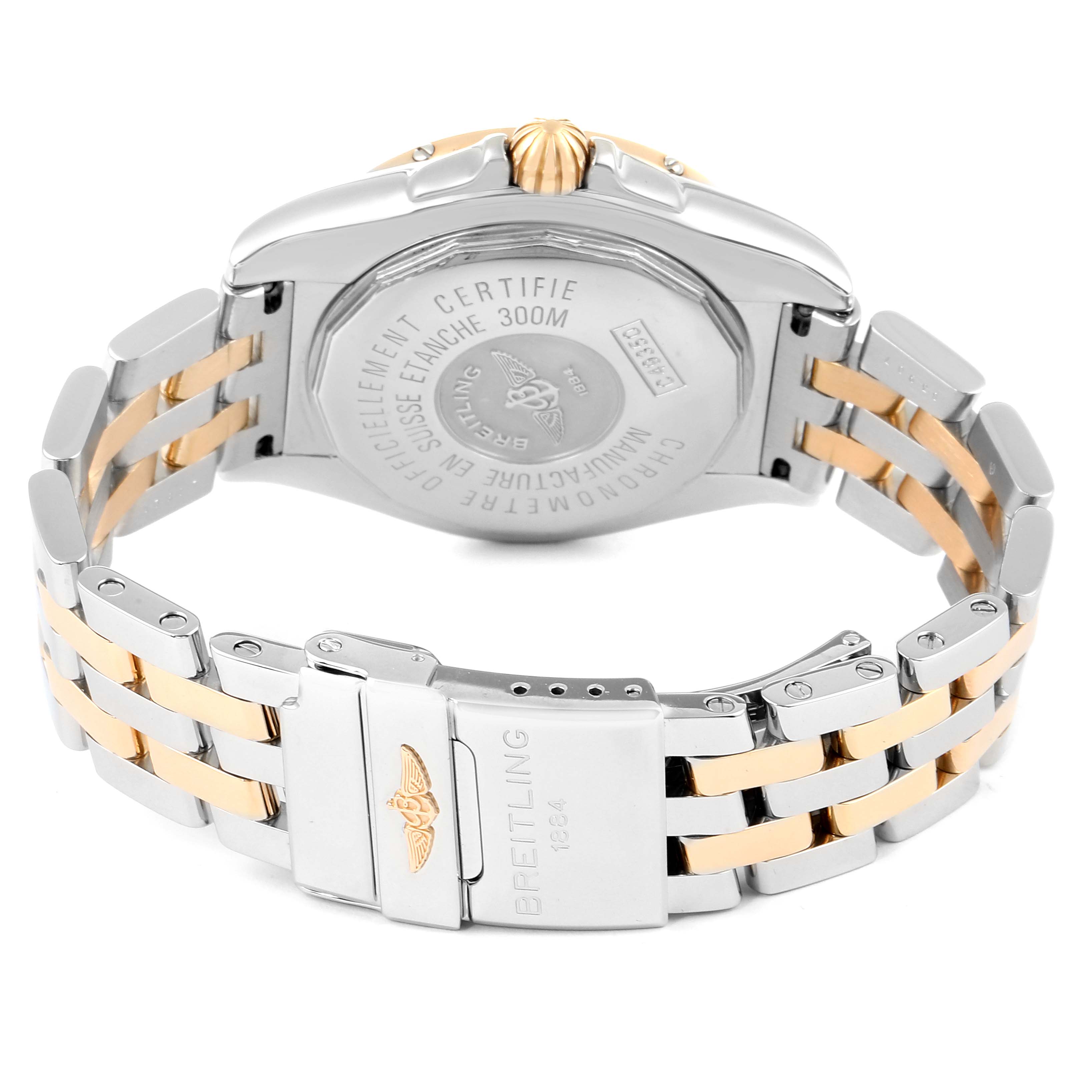 This image shows the back view of a Breitling Windrider C49350 Men's Steel and Gold (two tone) Mother of Pearl Dial C49350 Men's Steel and Gold (two tone) Mother of Pearl Dial watch, highlighting the case back and two-tone metal bracelet.