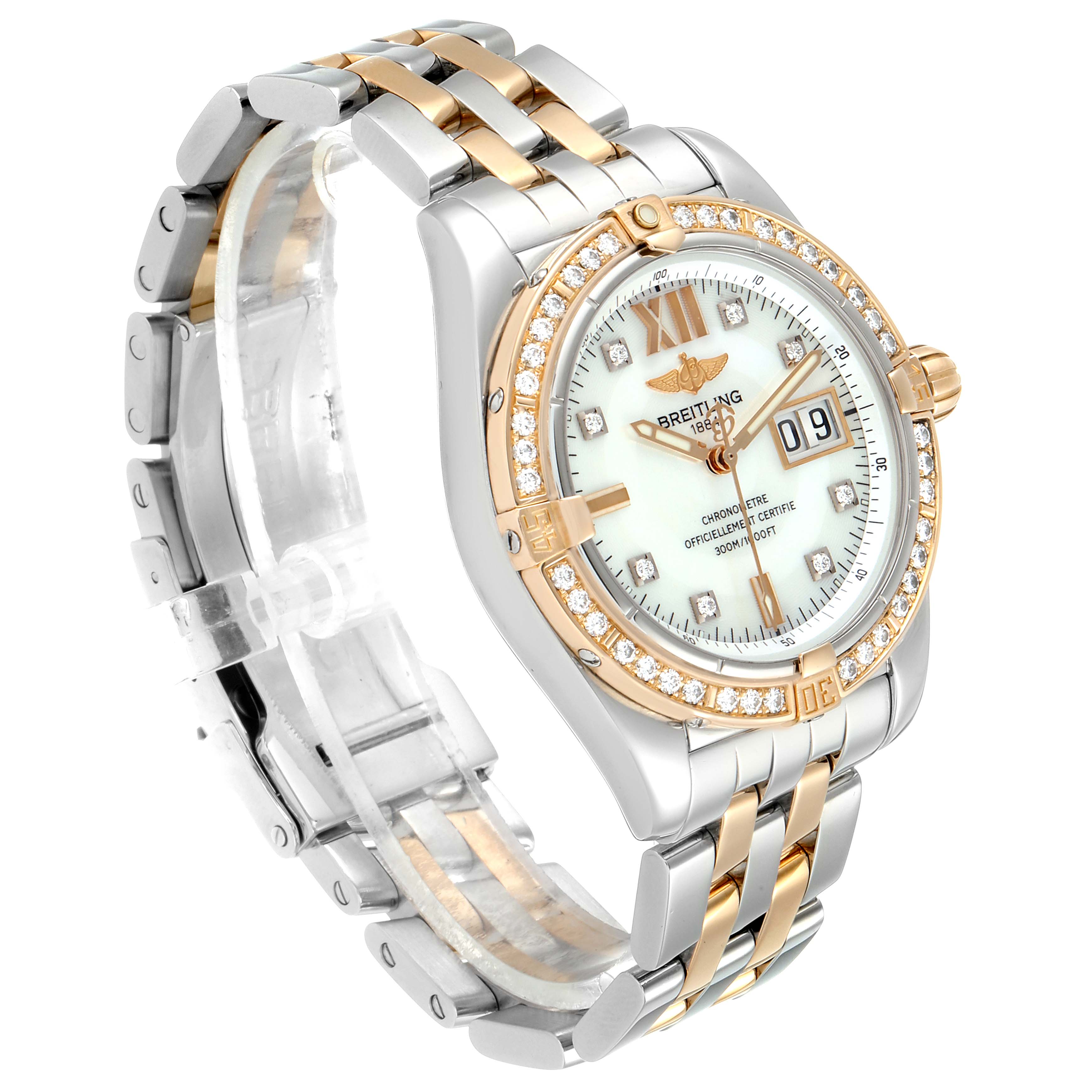 The Breitling Windrider C49350 Men's Steel and Gold (two tone) Mother of Pearl Dial C49350 Men's Steel and Gold (two tone) Mother of Pearl Dial watch is displayed at an angled front view showing its face, dial, bezel, and the two-tone metal bracelet.