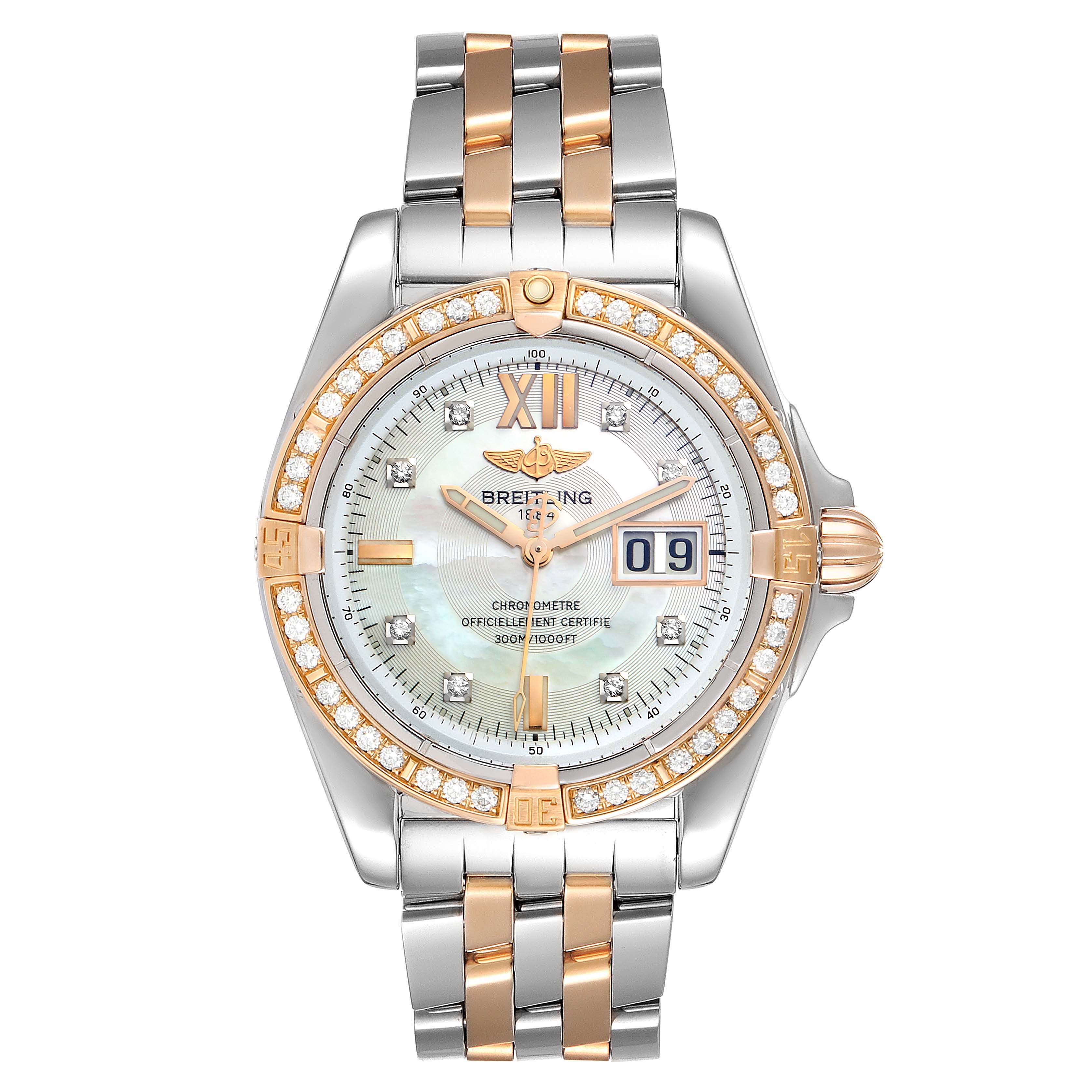 This image shows a Breitling Windrider C49350 Men's Steel and Gold (two tone) Mother of Pearl Dial C49350 Men's Steel and Gold (two tone) Mother of Pearl Dial watch from a top-down view, with the face, bezel, and bracelet clearly visible.