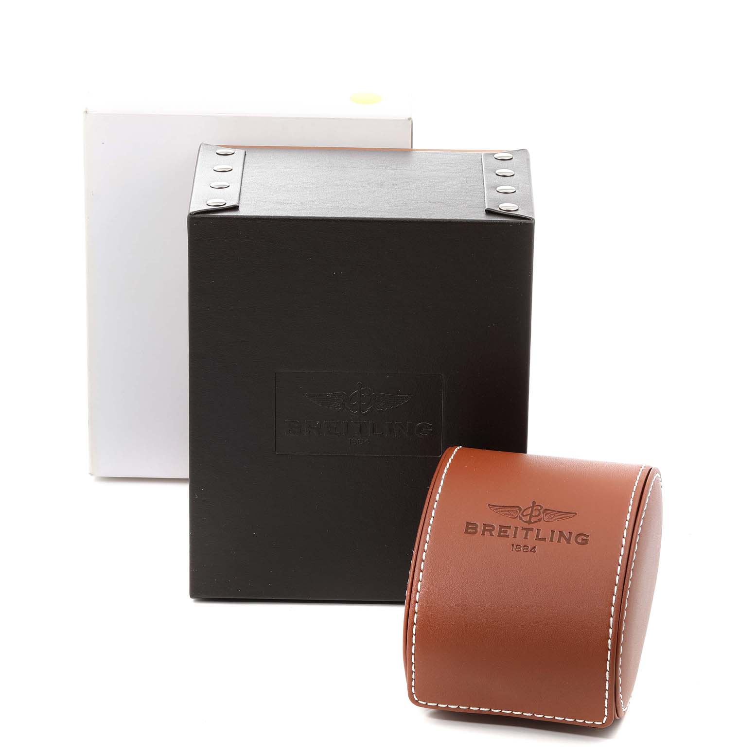 The image shows a black Breitling Windrider C49350 Men's Steel and Gold (two tone) Mother of Pearl Dial C49350 Men's Steel and Gold (two tone) Mother of Pearl Dial model box and a brown leather watch case with the Breitling logo.