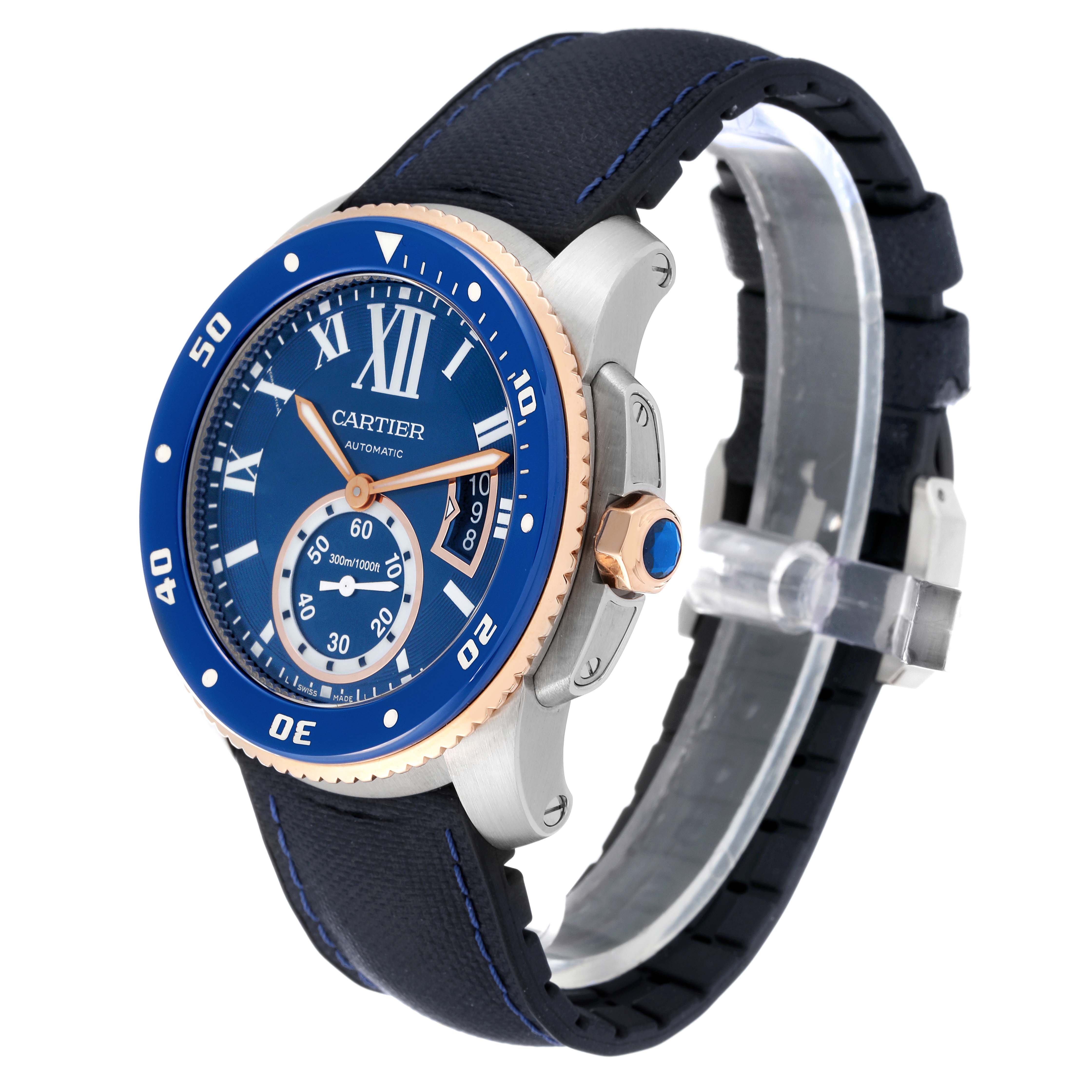 The image shows a Calibre de Cartier watch by Cartier, angled to display the face, bezel, strap, and crown.