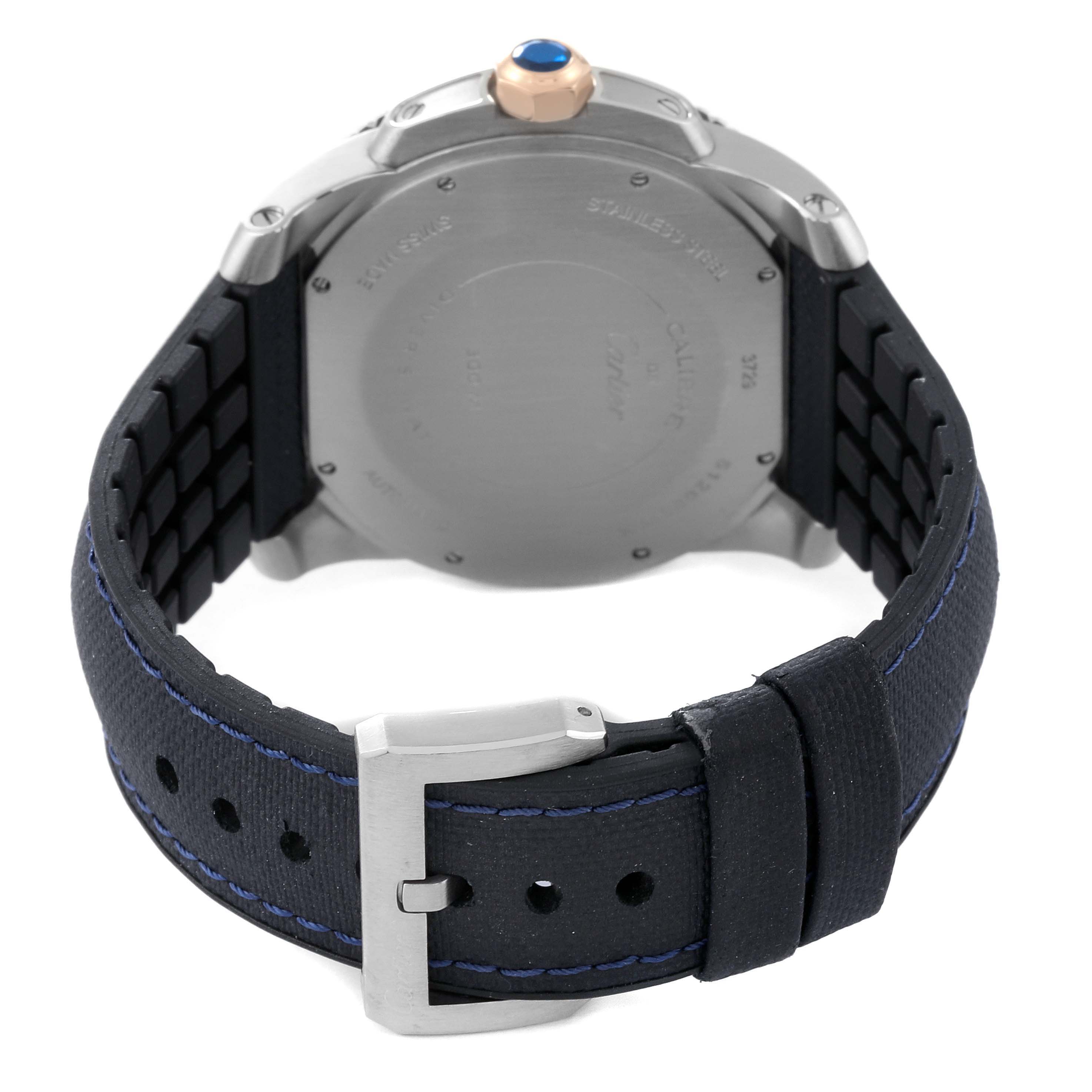 The image shows the back view of a Calibre de Cartier watch by Cartier, highlighting the case back and strap with a buckle.