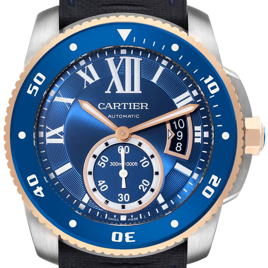 Cartier Calibre Diver Steel Rose Gold Blue Dial Mens Watch W2CA0008 SwissWatchExpo