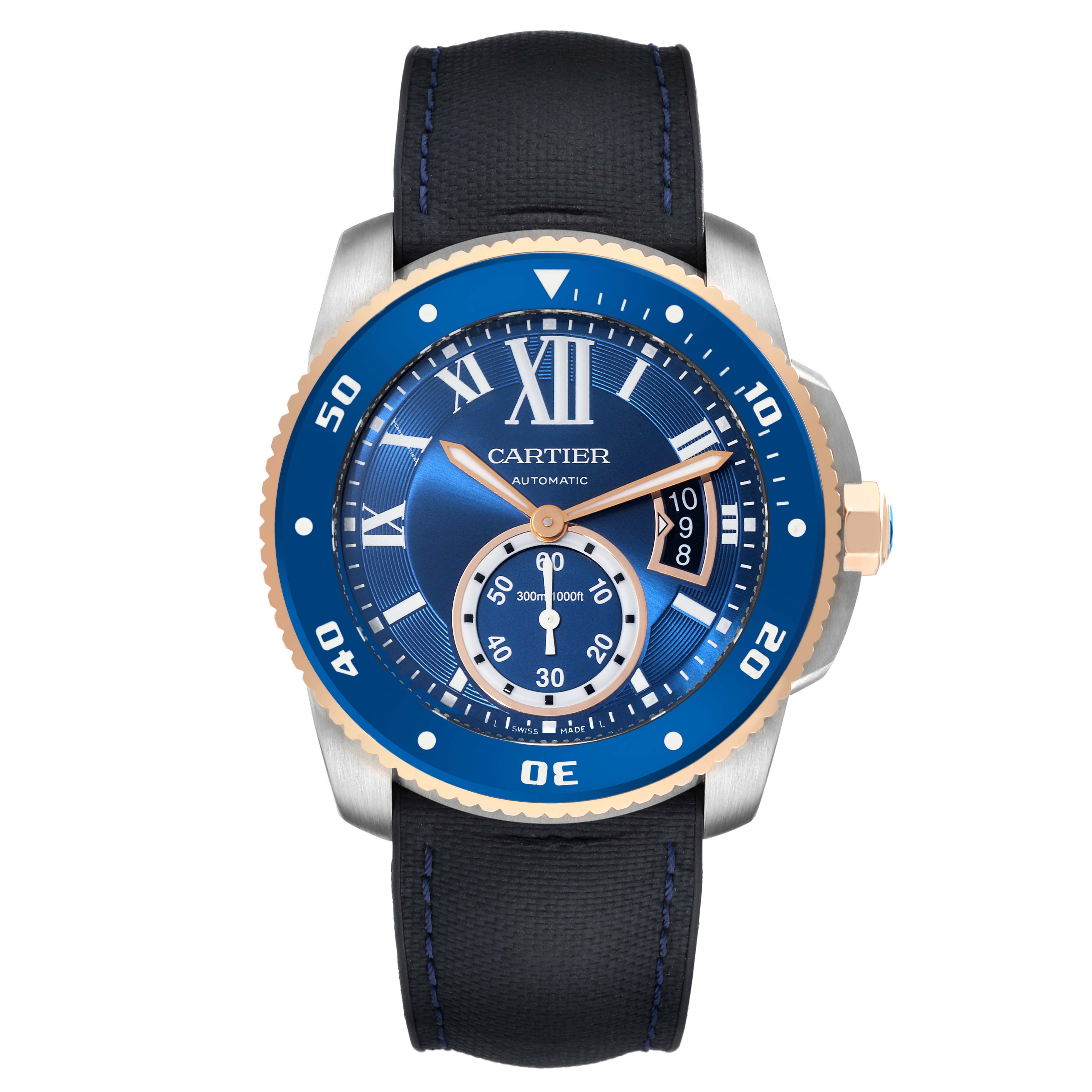 The image shows a front view of the Calibre de Cartier watch by Cartier with blue dial, date window, and black strap.