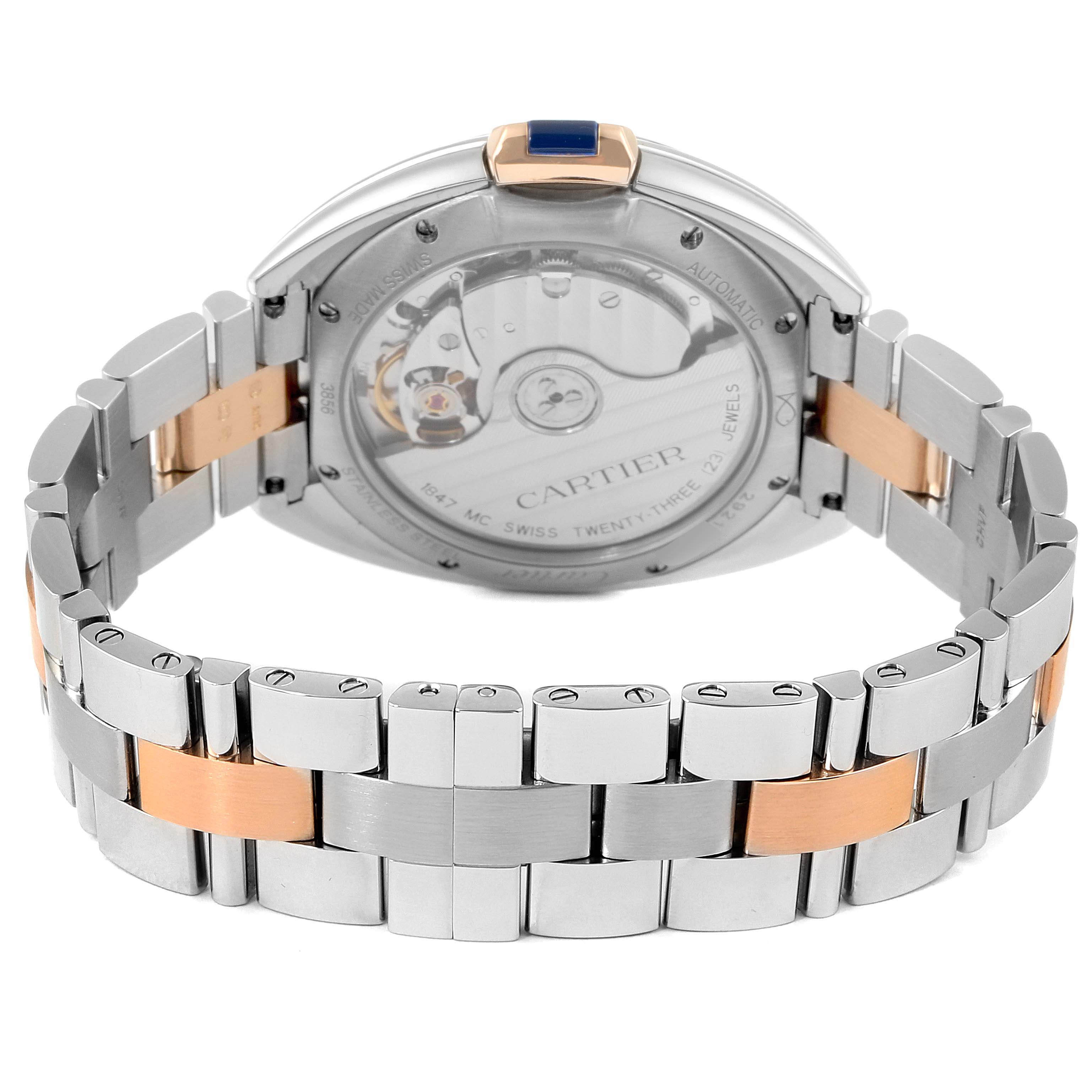 This image shows the back view of a Cartier Cle WSCL0003 Women's Steel and Gold (two tone) Blue Dial WSCL0003 Women's Steel and Gold (two tone) Blue Dial model watch, highlighting its case back and metal bracelet.