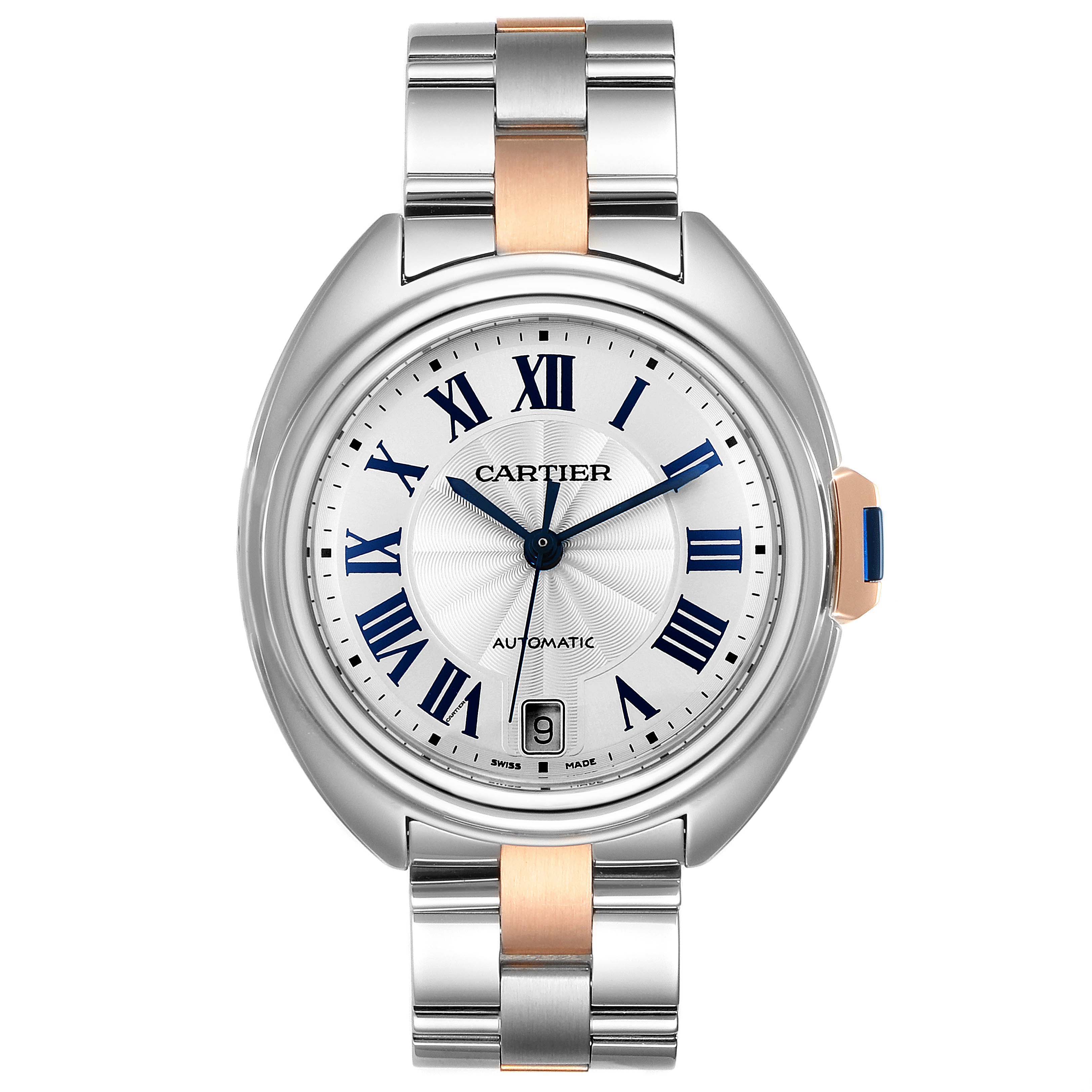 This image features a front view of the Cartier Clé model watch, showcasing its face, bezel, and metal strap.