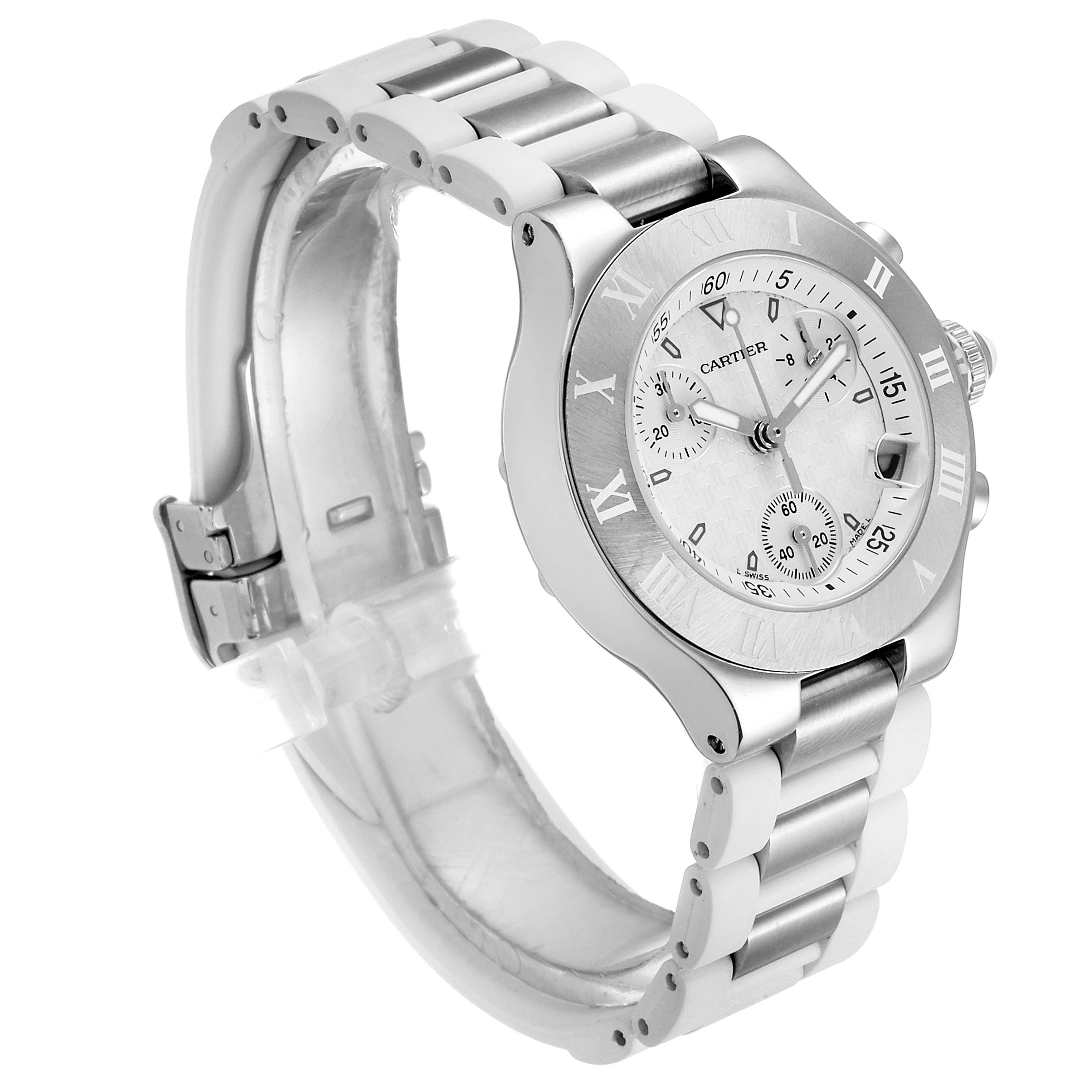 The image shows a Cartier Must 21 W10197U2 Women's Stainless Steel White Dial W10197U2 Women's Stainless Steel White Dial watch at an angle highlighting its face, bracelet, and clasp.