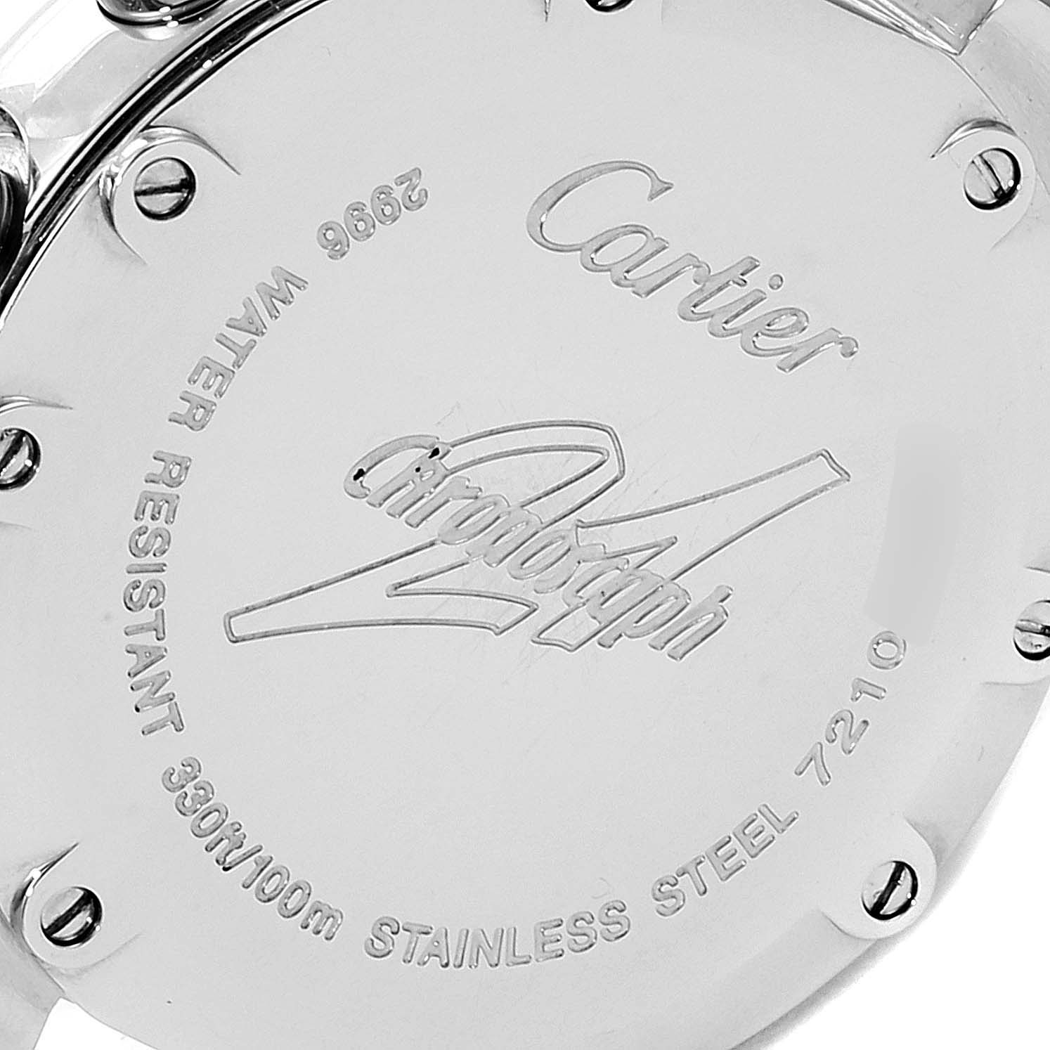 The image shows the back case of a Cartier Must 21 W10197U2 Women's Stainless Steel White Dial W10197U2 Women's Stainless Steel White Dial watch, highlighting its engravings and screws.