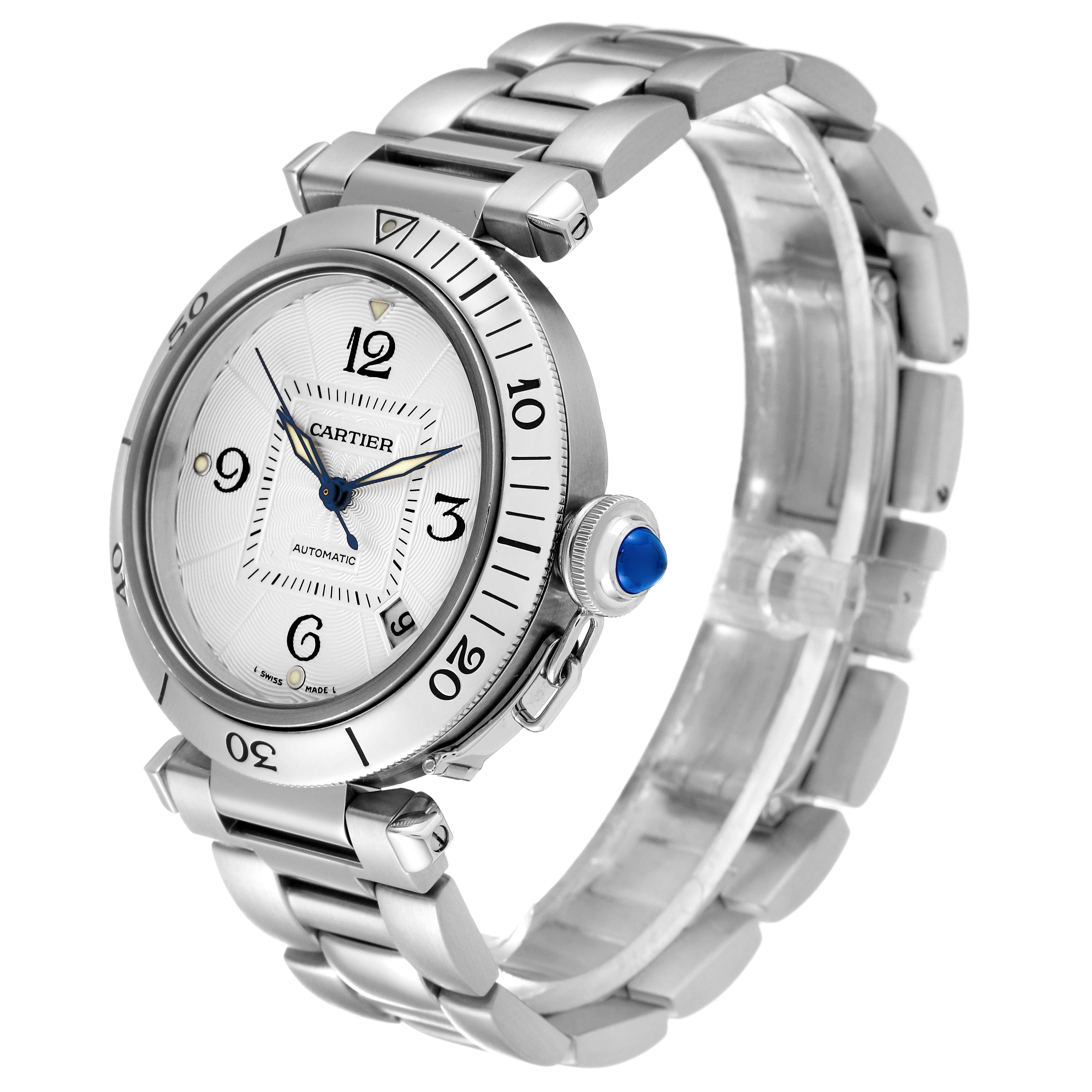 The image shows a Cartier Pasha W31059H3 Men
s Stainless Steel Silver Dial W31059H3 Men
s Stainless Steel Silver Dial watch angled to display its face, bezel, crown, and part of the bracelet.