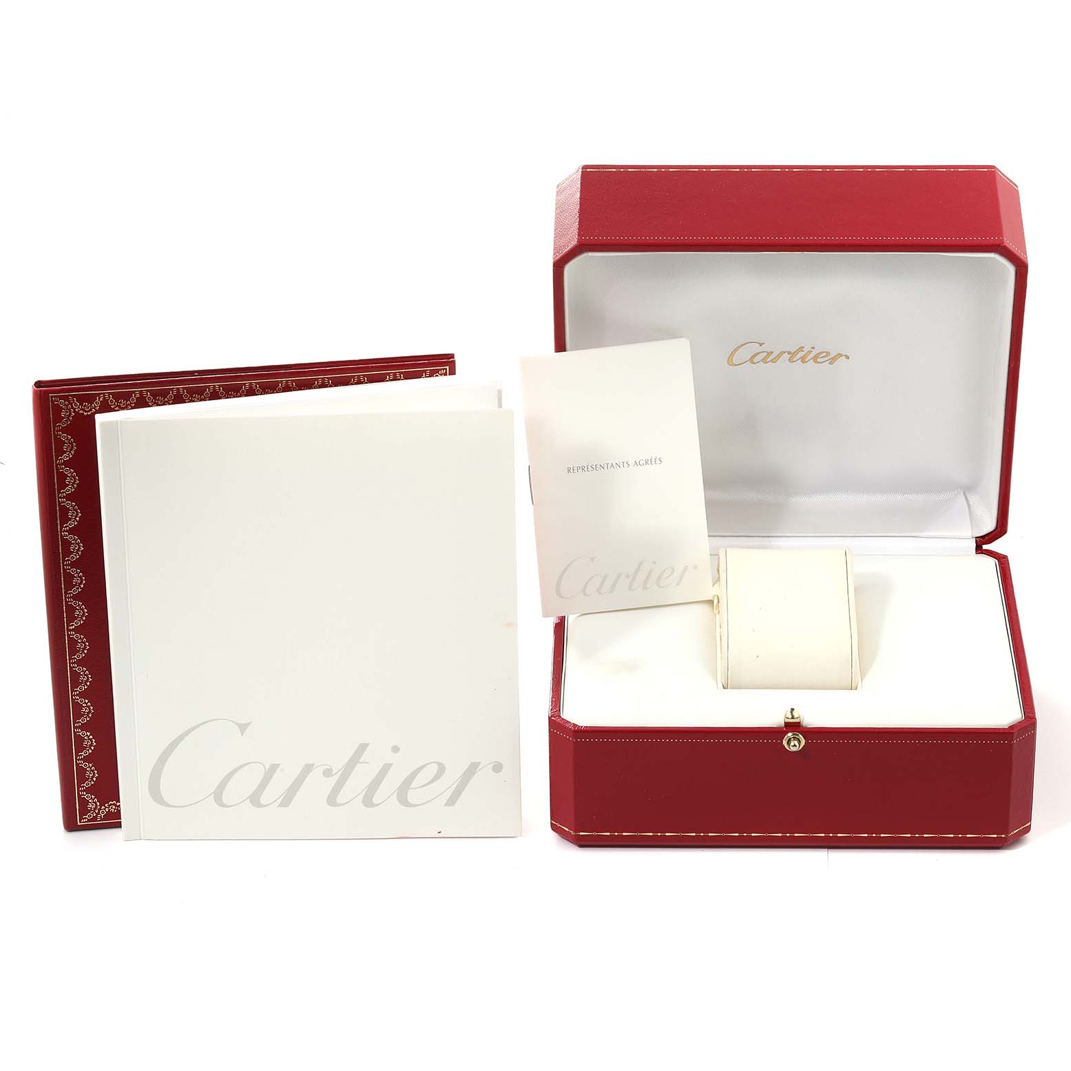 The image shows a Cartier Pasha W31059H3 Men
s Stainless Steel Silver Dial W31059H3 Men
s Stainless Steel Silver Dial watch box with accompanying booklets and documents from a front angle.