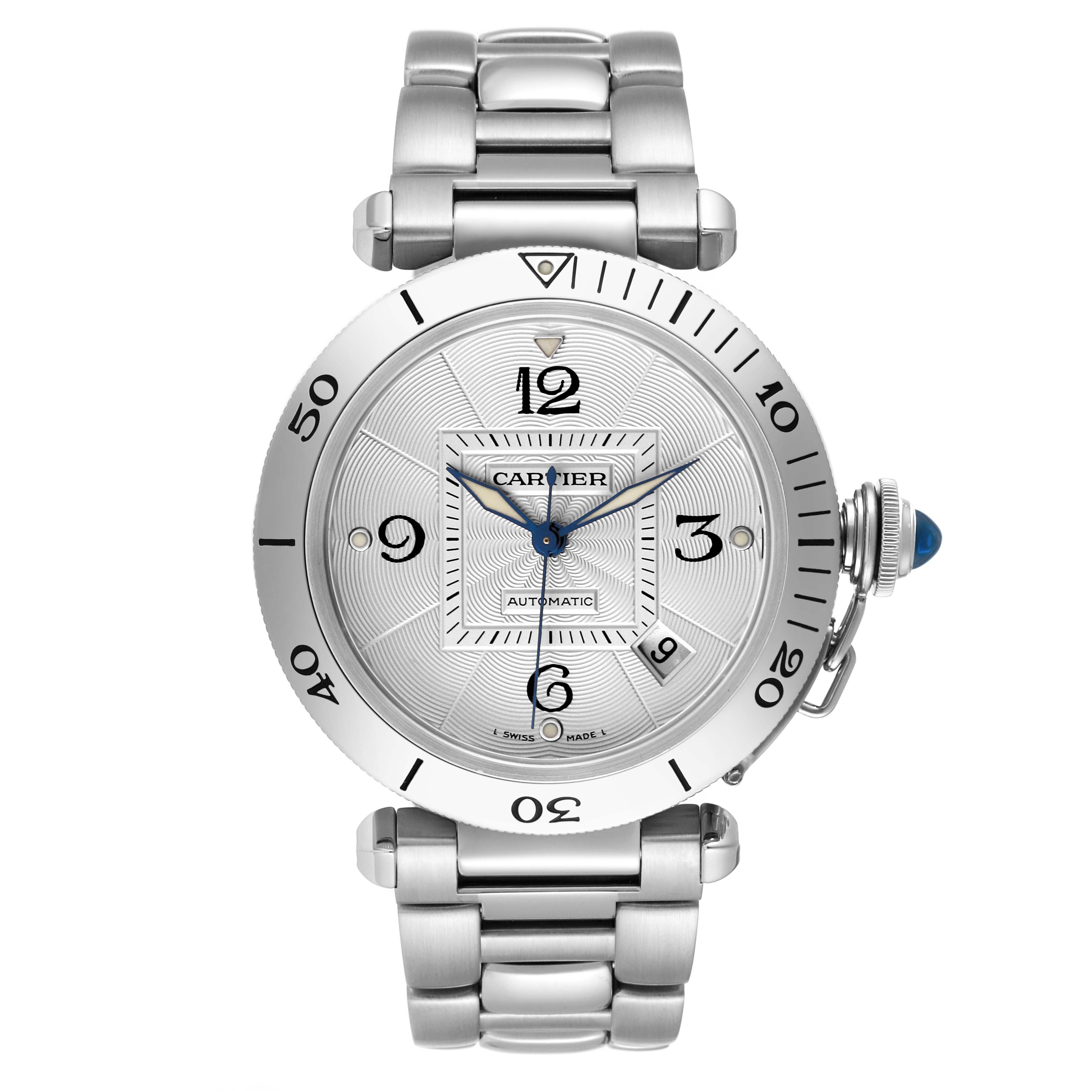 The image shows a front-facing view of the Cartier Pasha W31059H3 Men
s Stainless Steel Silver Dial W31059H3 Men
s Stainless Steel Silver Dial model watch, displaying the dial, bezel, and metal bracelet.