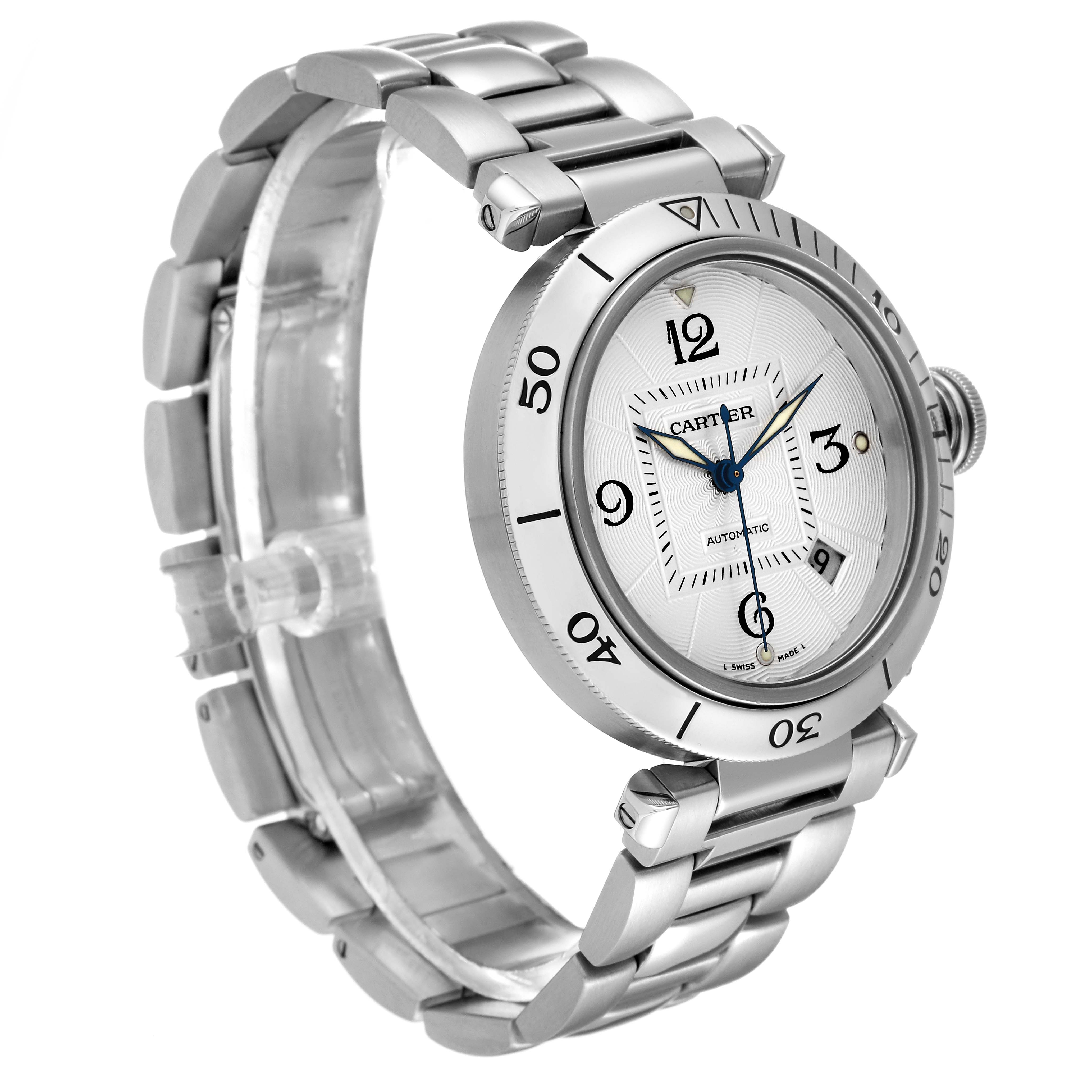 The image shows a Cartier Pasha W31059H3 Men
s Stainless Steel Silver Dial W31059H3 Men
s Stainless Steel Silver Dial watch at an angled side view, highlighting the bracelet, bezel, dial, and crown.