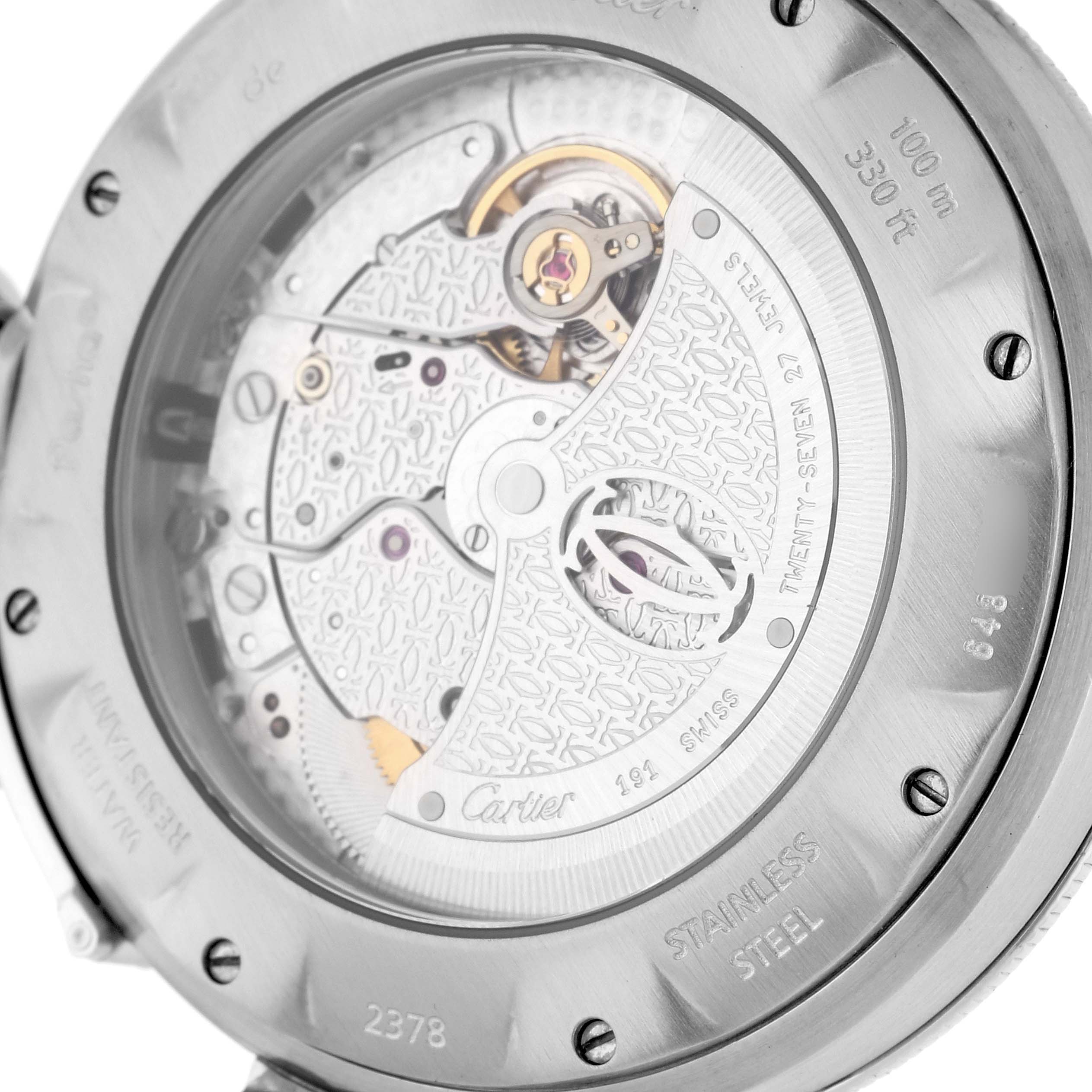 The image shows the intricate back view of the Cartier Pasha W31059H3 Men
s Stainless Steel Silver Dial W31059H3 Men
s Stainless Steel Silver Dial watch, highlighting its exposed mechanical movement.