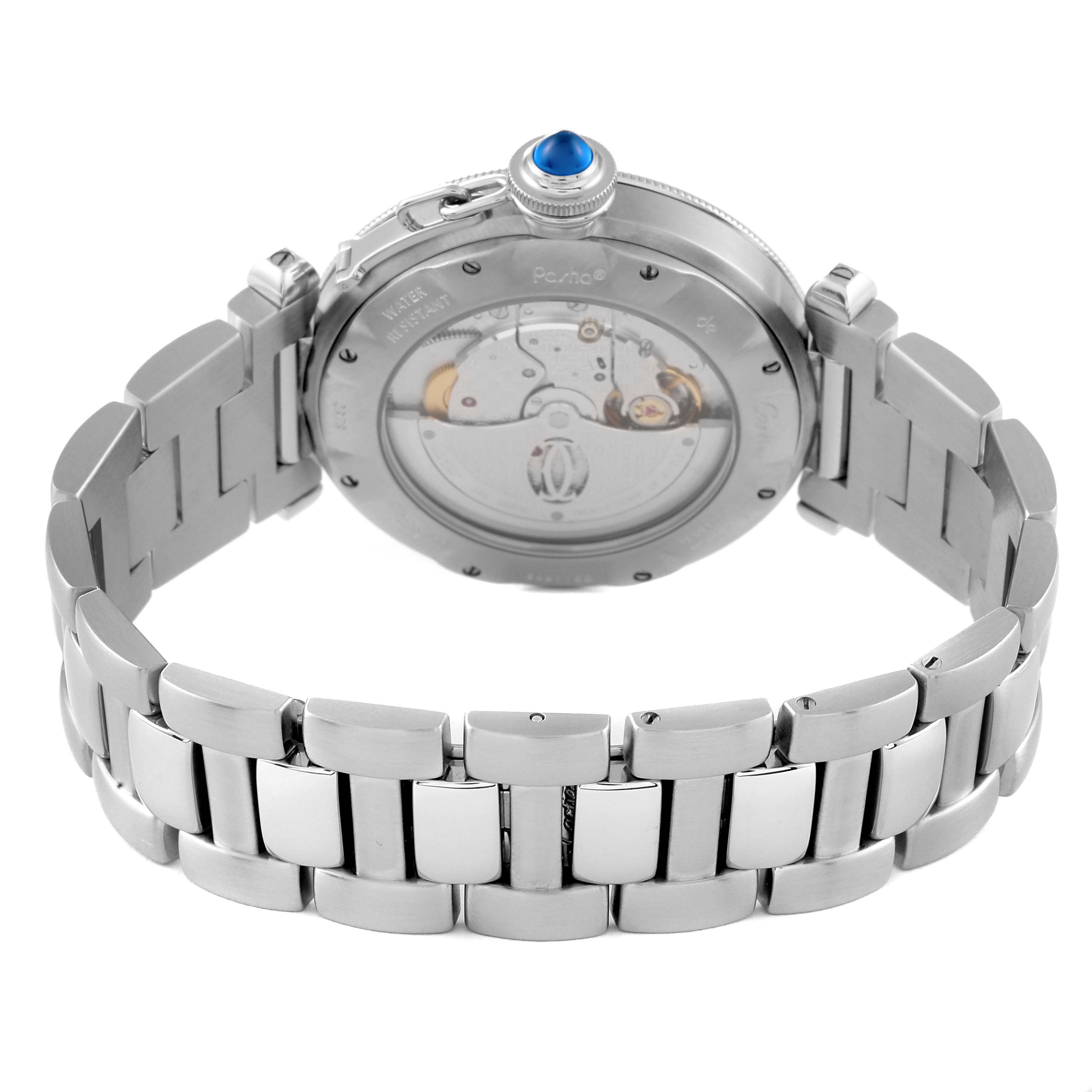 This image shows the back view of a Cartier Pasha W31059H3 Men
s Stainless Steel Silver Dial W31059H3 Men
s Stainless Steel Silver Dial watch, highlighting its stainless steel bracelet and sapphire crown.