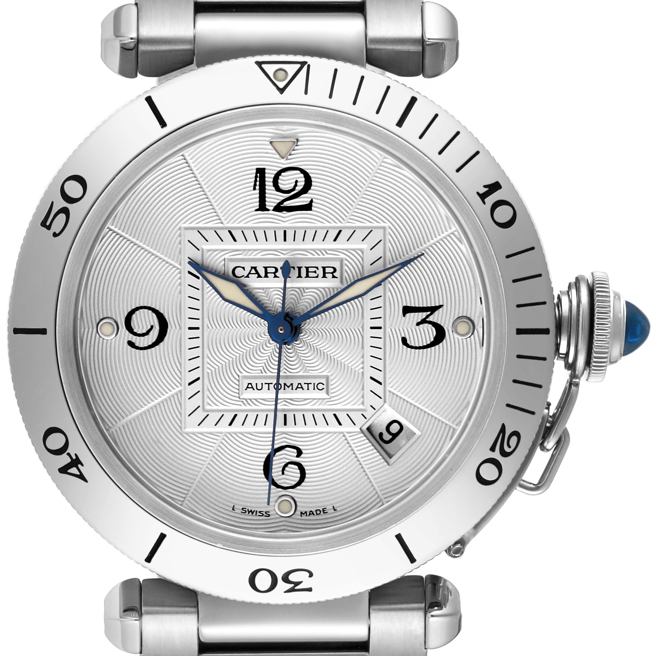 The image shows a front view of the Cartier Pasha W31059H3 Men
s Stainless Steel Silver Dial W31059H3 Men
s Stainless Steel Silver Dial watch, highlighting the dial, bezel, and crown.