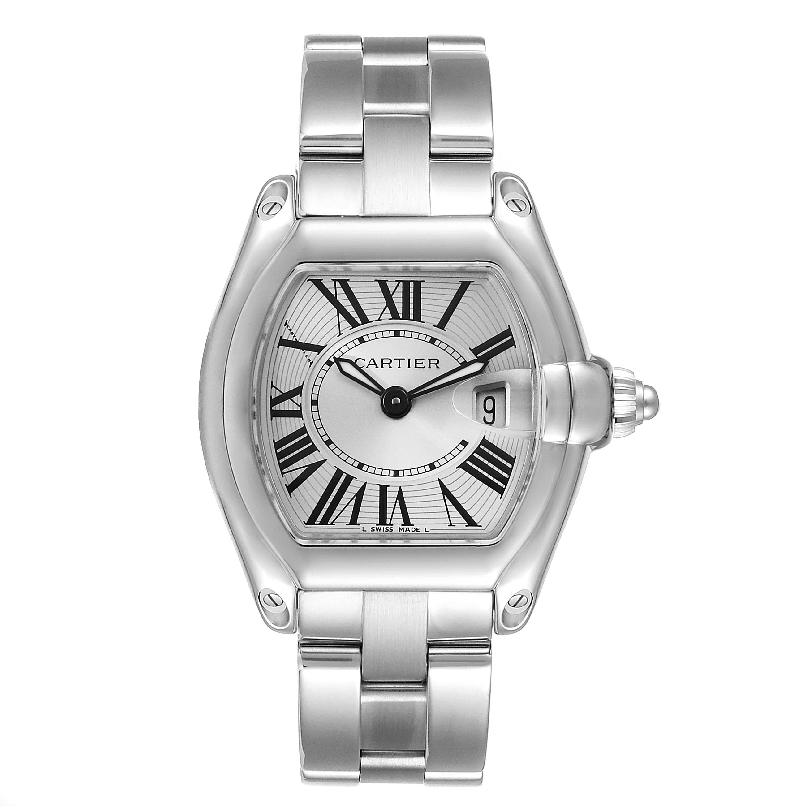 This image shows a front view of the Cartier Roadster W62016V3 Women
s Stainless Steel Silver Dial W62016V3 Women
s Stainless Steel Silver Dial watch, displaying its face, Roman numeral dial, and metal bracelet.