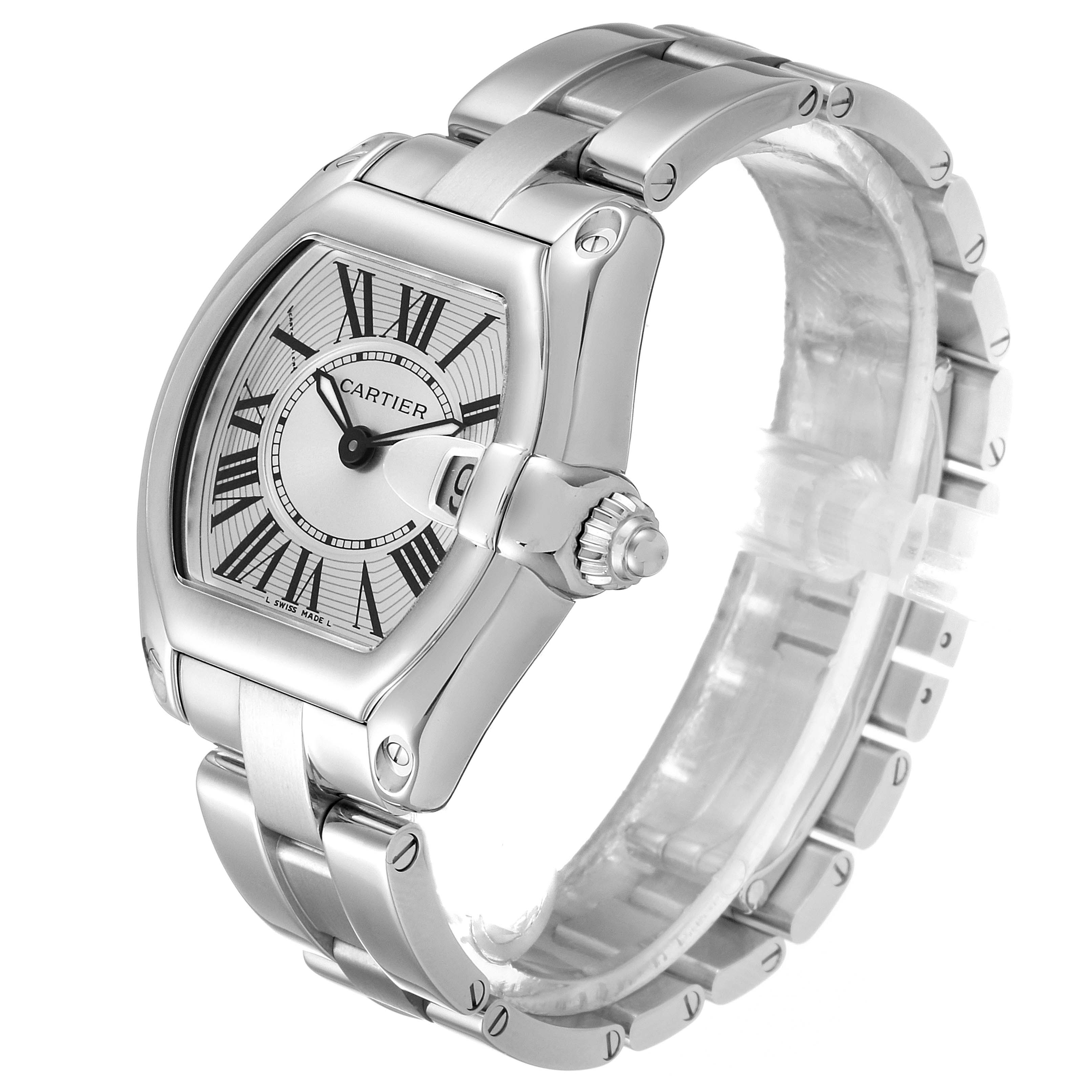The image shows a Cartier Roadster W62016V3 Women
s Stainless Steel Silver Dial W62016V3 Women
s Stainless Steel Silver Dial watch at a 3/4 angle, highlighting the face, crown, and stainless steel bracelet. 