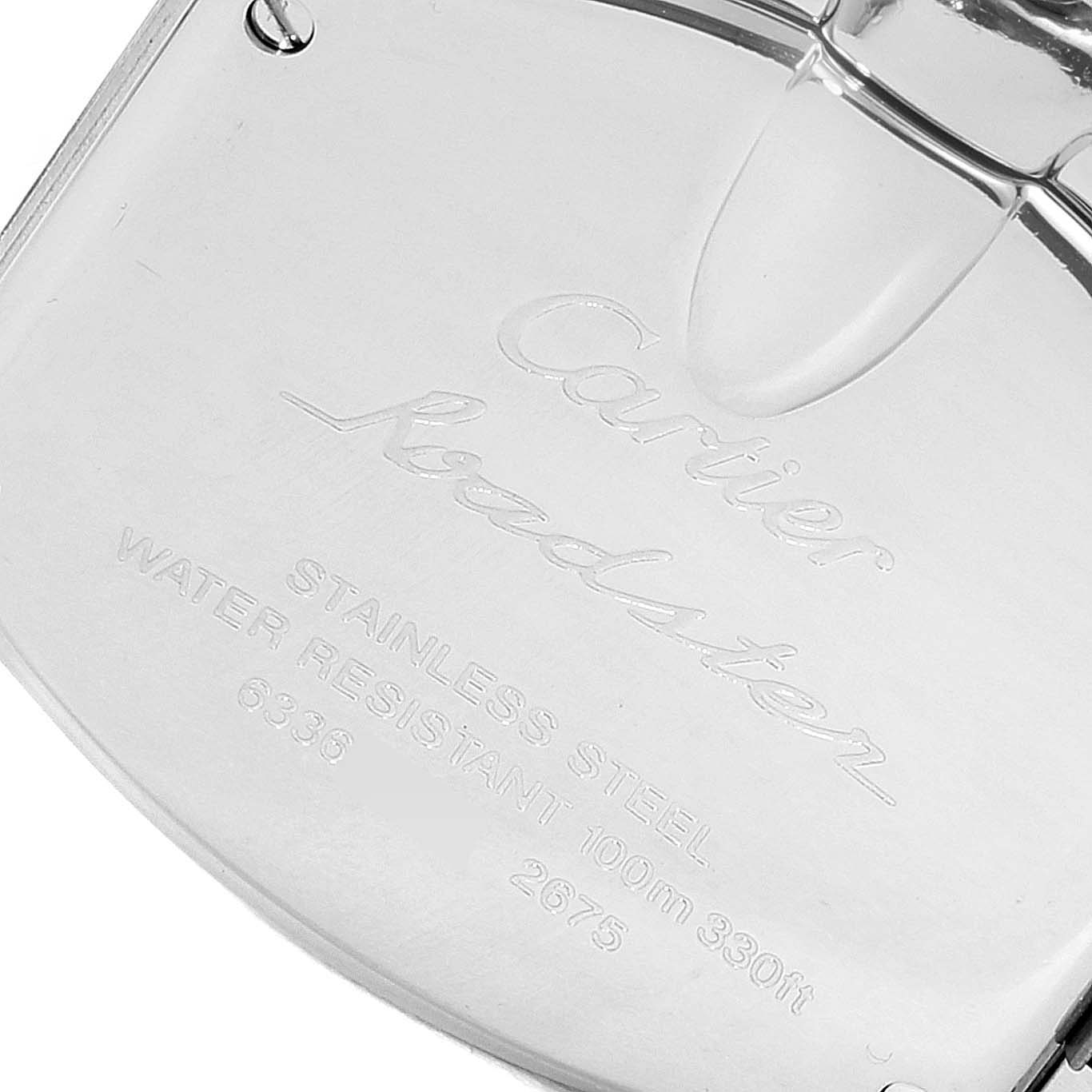 The image shows the back of the Cartier Roadster W62016V3 Women
s Stainless Steel Silver Dial W62016V3 Women
s Stainless Steel Silver Dial watch displaying the brand, model, and material information.