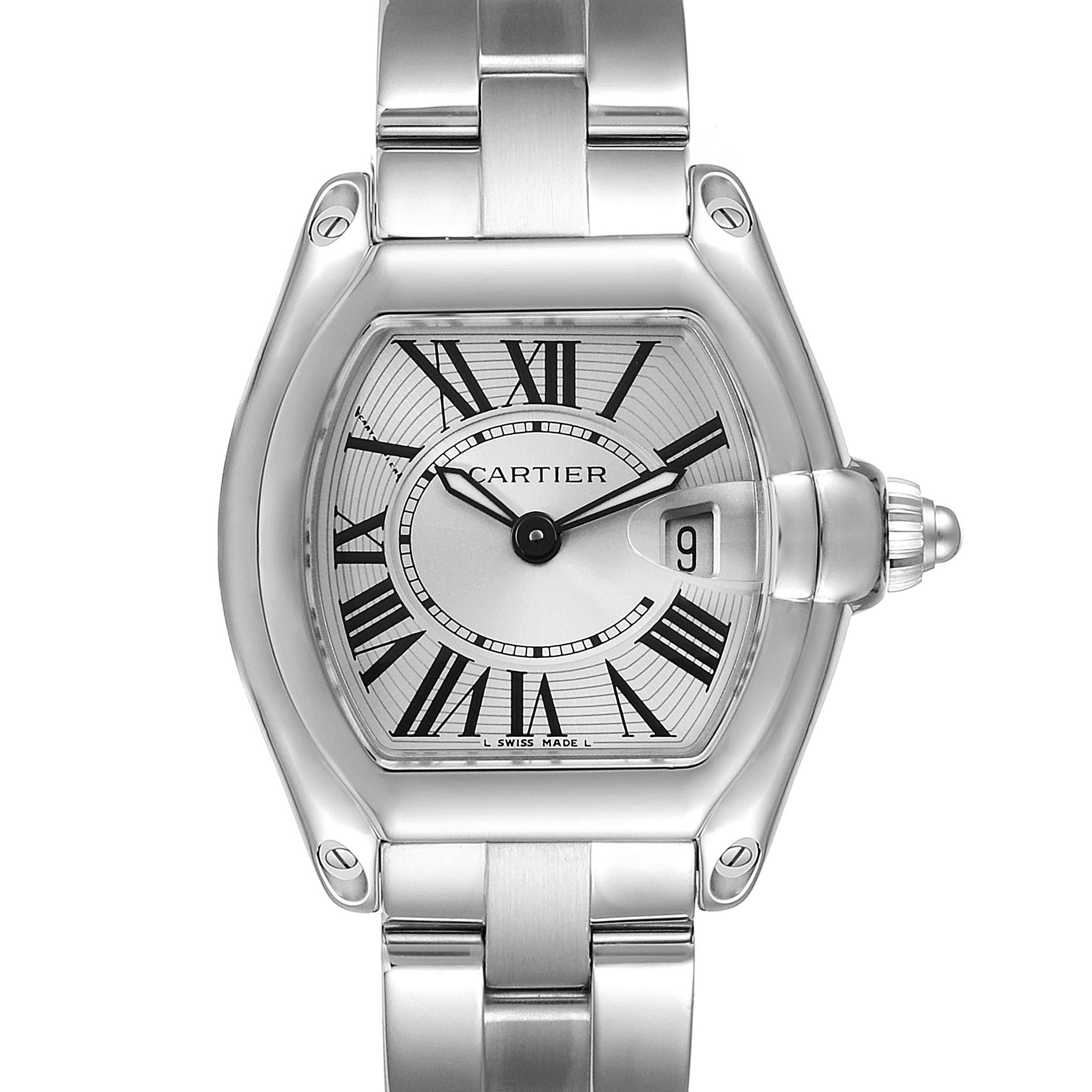 The image shows a frontal view of the Cartier Roadster W62016V3 Women
s Stainless Steel Silver Dial W62016V3 Women
s Stainless Steel Silver Dial watch, featuring its face, case, and part of the bracelet.