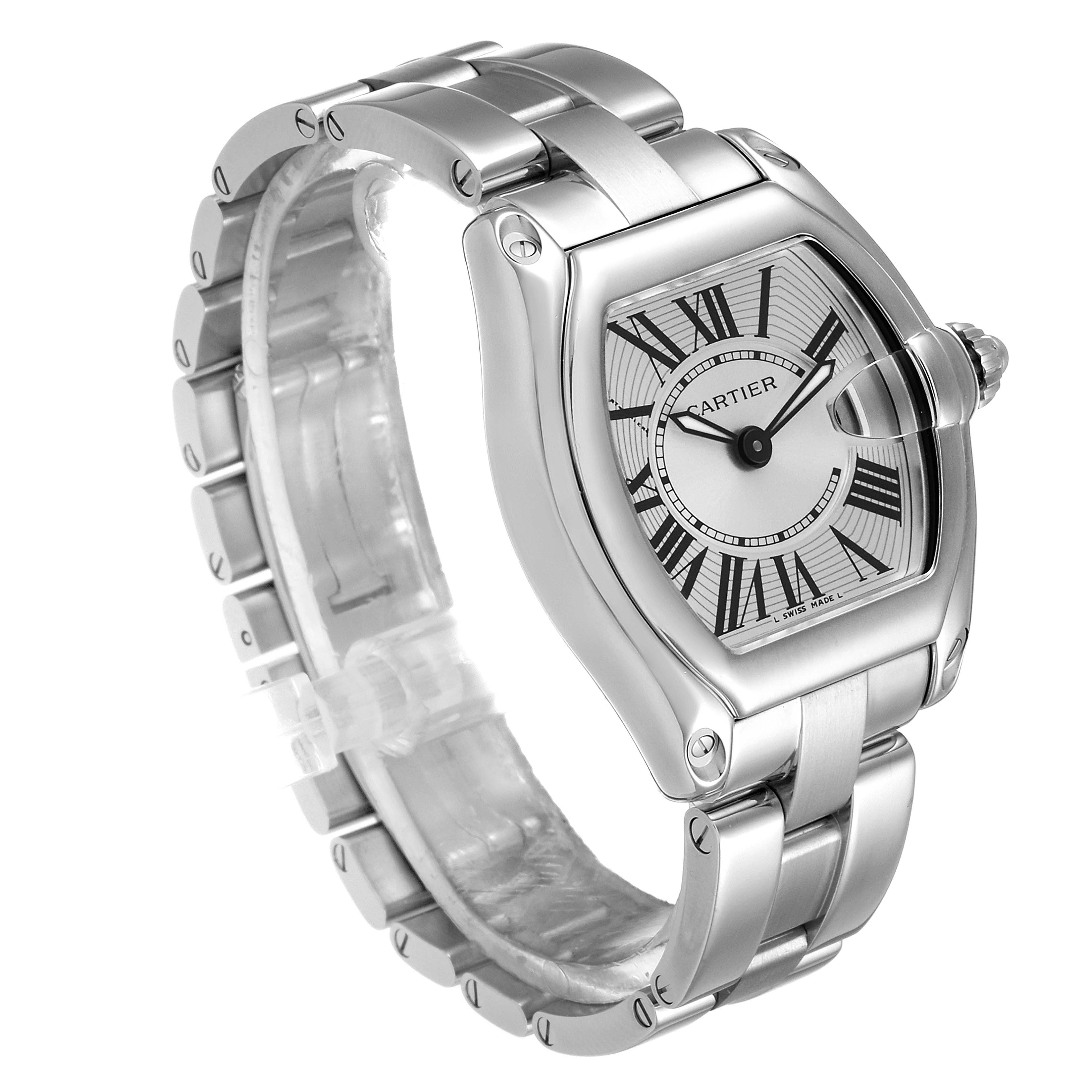 The image shows a Cartier Roadster W62016V3 Women
s Stainless Steel Silver Dial W62016V3 Women
s Stainless Steel Silver Dial watch at a three-quarter angle, displaying the face, bezel, and stainless steel bracelet.