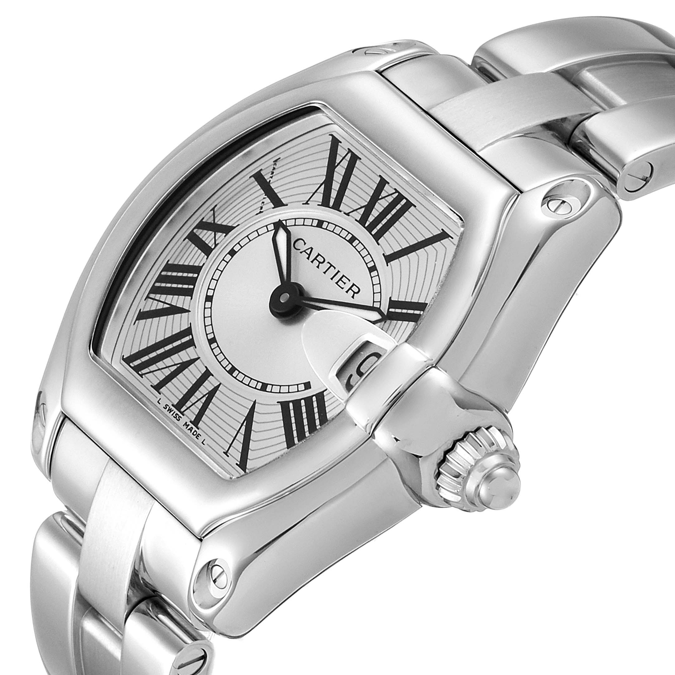 This image shows a close-up angled view of a Cartier Roadster W62016V3 Women
s Stainless Steel Silver Dial W62016V3 Women
s Stainless Steel Silver Dial watch, highlighting its dial, case, and part of the bracelet.