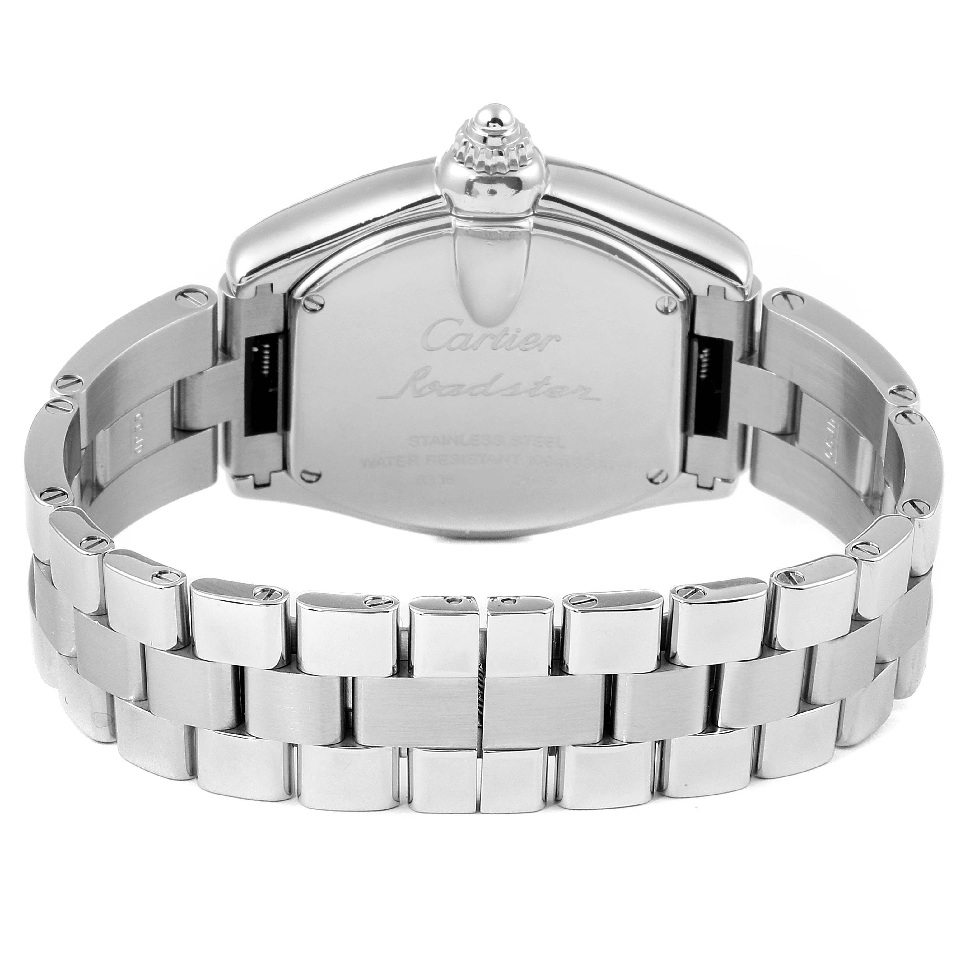 The image shows the back view of a Cartier Roadster W62016V3 Women
s Stainless Steel Silver Dial W62016V3 Women
s Stainless Steel Silver Dial watch, highlighting the stainless steel case and bracelet.