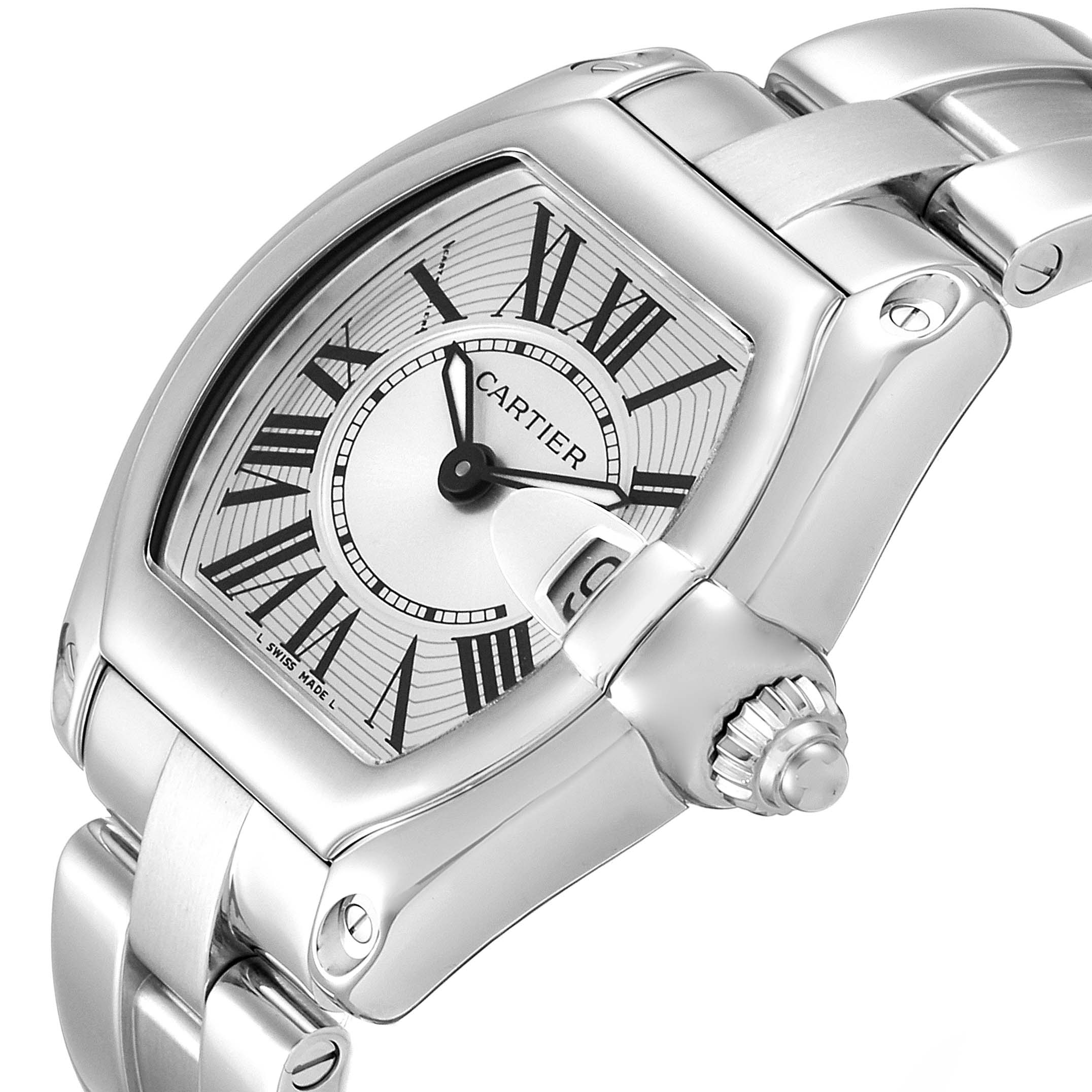 This image shows a close-up angle of the Cartier Roadster W62016V3 Women's Stainless Steel Silver Dial W62016V3 Women's Stainless Steel Silver Dial watch, highlighting the dial, crown, and part of the bracelet.