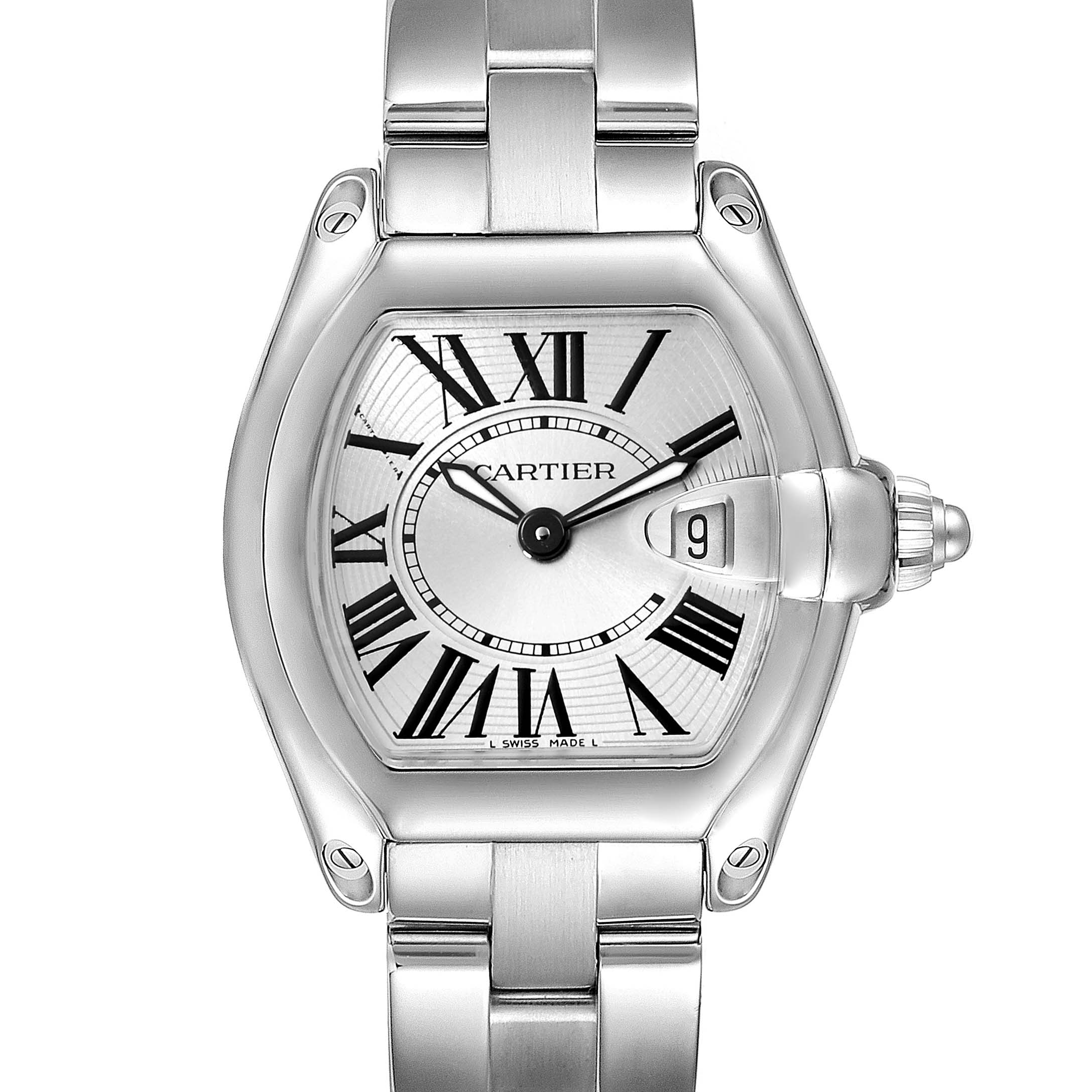 The image shows a front view of the Cartier Roadster W62016V3 Women's Stainless Steel Silver Dial W62016V3 Women's Stainless Steel Silver Dial watch, displaying its dial, case, and part of the bracelet.