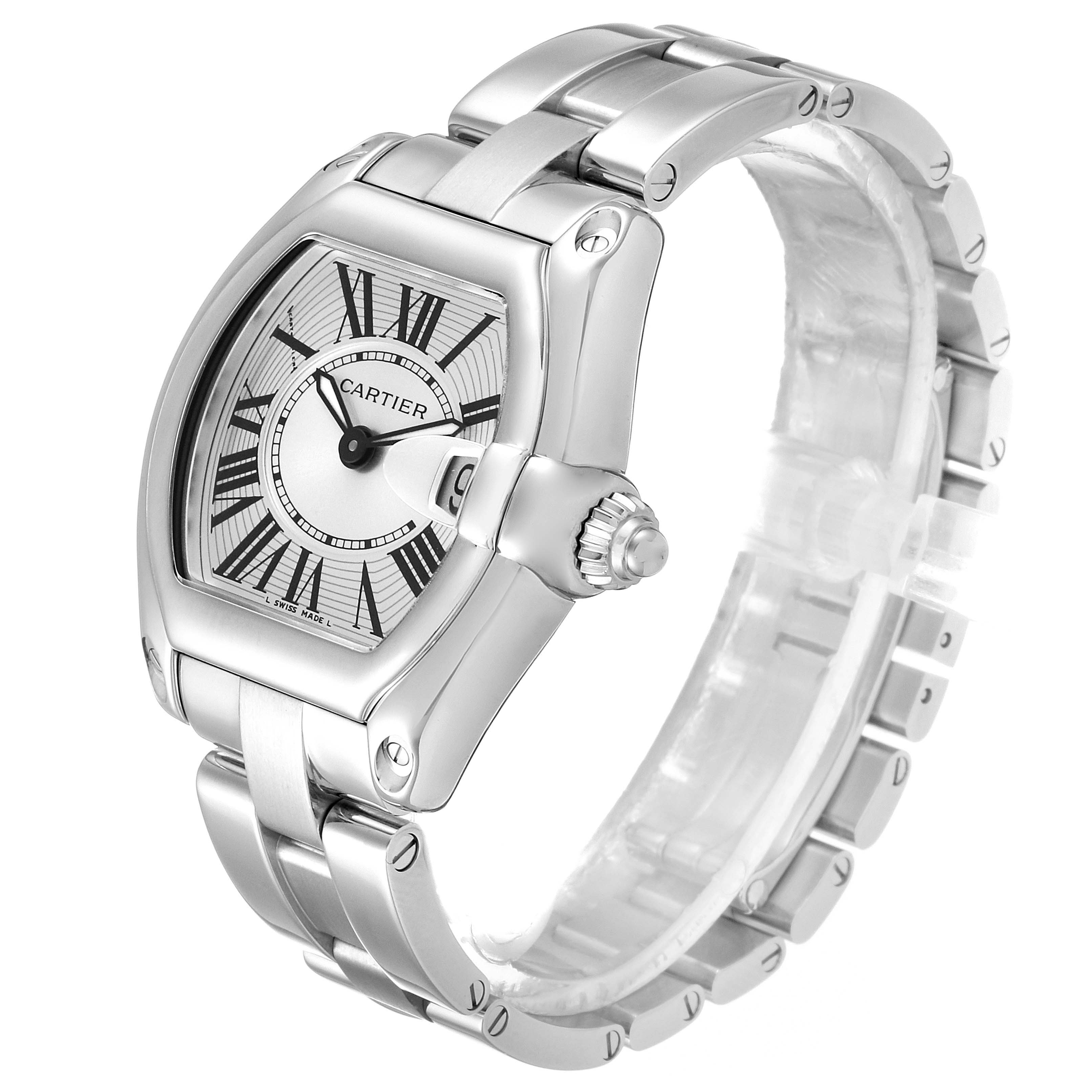 The image shows a Cartier Roadster W62016V3 Women's Stainless Steel Silver Dial W62016V3 Women's Stainless Steel Silver Dial watch at a three-quarter angle, highlighting its dial, crown, and metal bracelet.