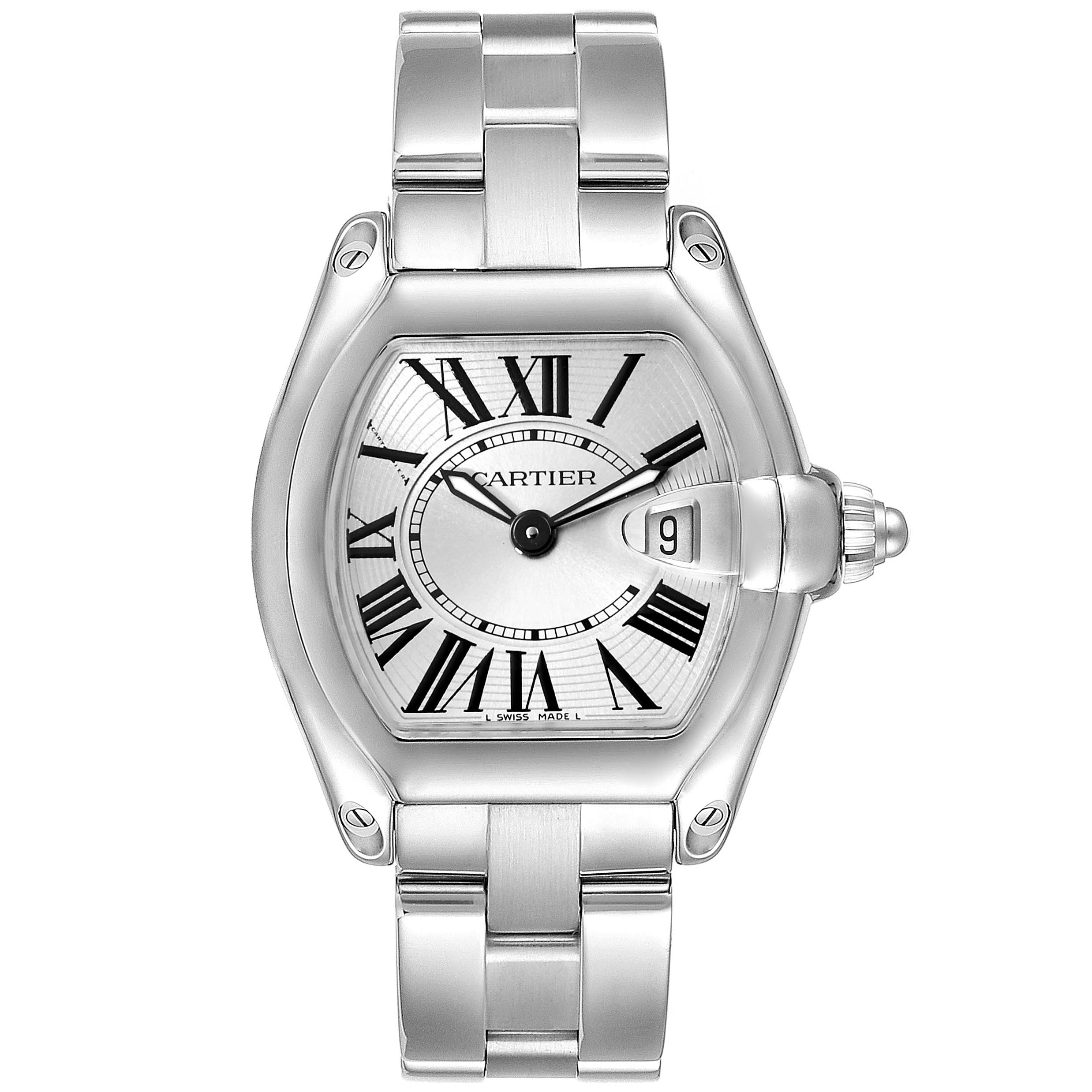 This image shows a frontal view of the Cartier Roadster W62016V3 Women's Stainless Steel Silver Dial W62016V3 Women's Stainless Steel Silver Dial watch, displaying the face, bracelet, and crown.