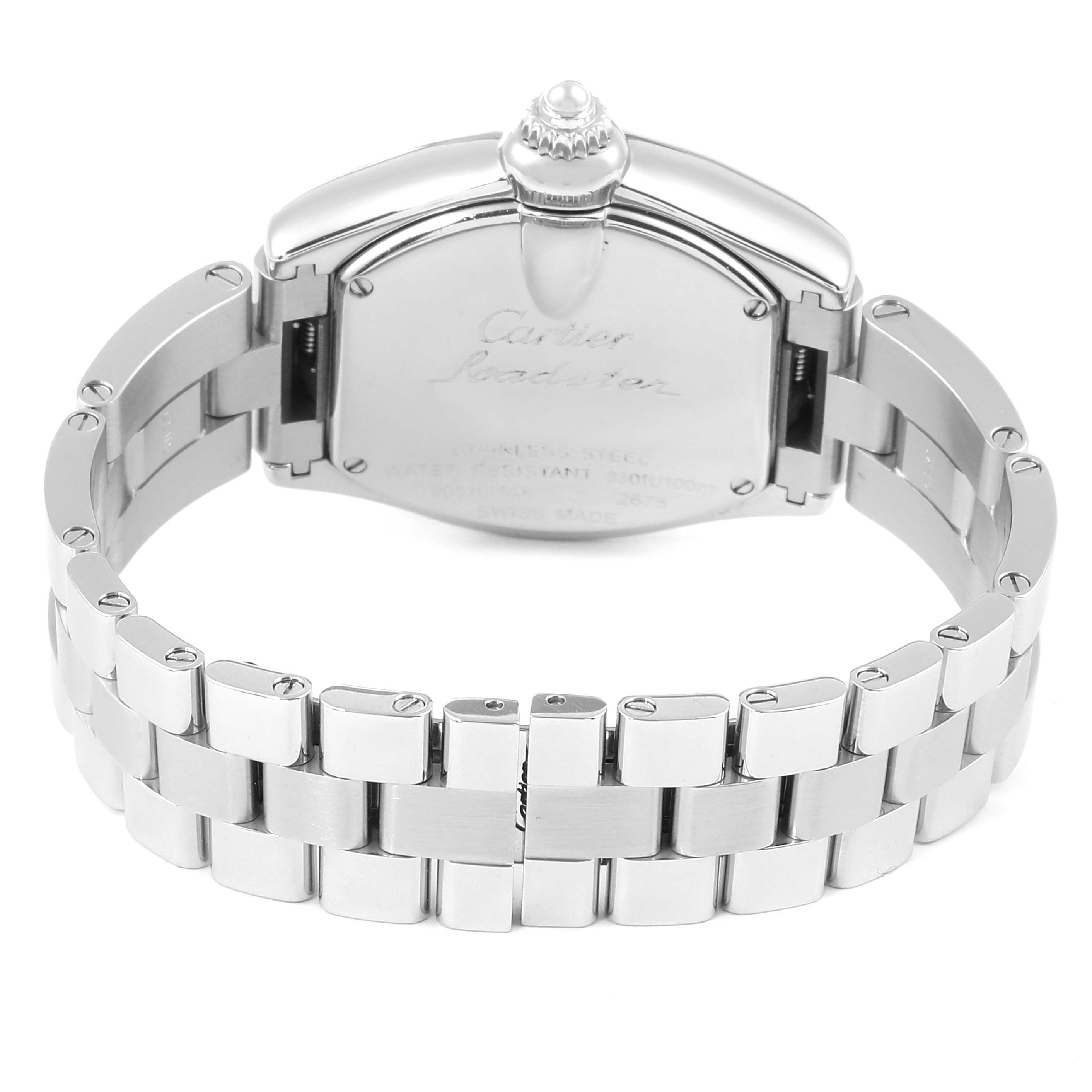 This image shows the back of a Cartier Roadster W62016V3 Women's Stainless Steel Silver Dial W62016V3 Women's Stainless Steel Silver Dial watch, focusing on its stainless steel case and bracelet.