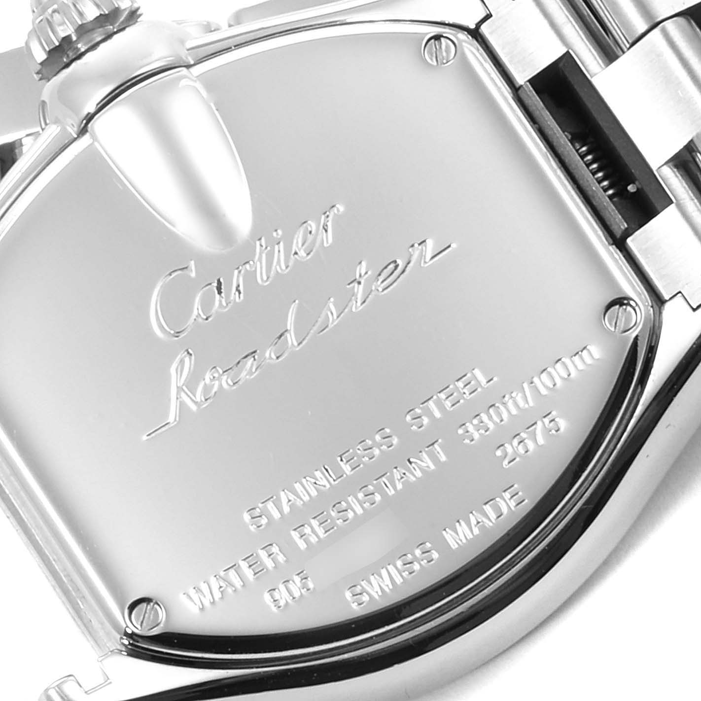 The image shows the back of a Cartier Roadster W62016V3 Women's Stainless Steel Silver Dial W62016V3 Women's Stainless Steel Silver Dial watch, highlighting the engraved specifications and brand name.