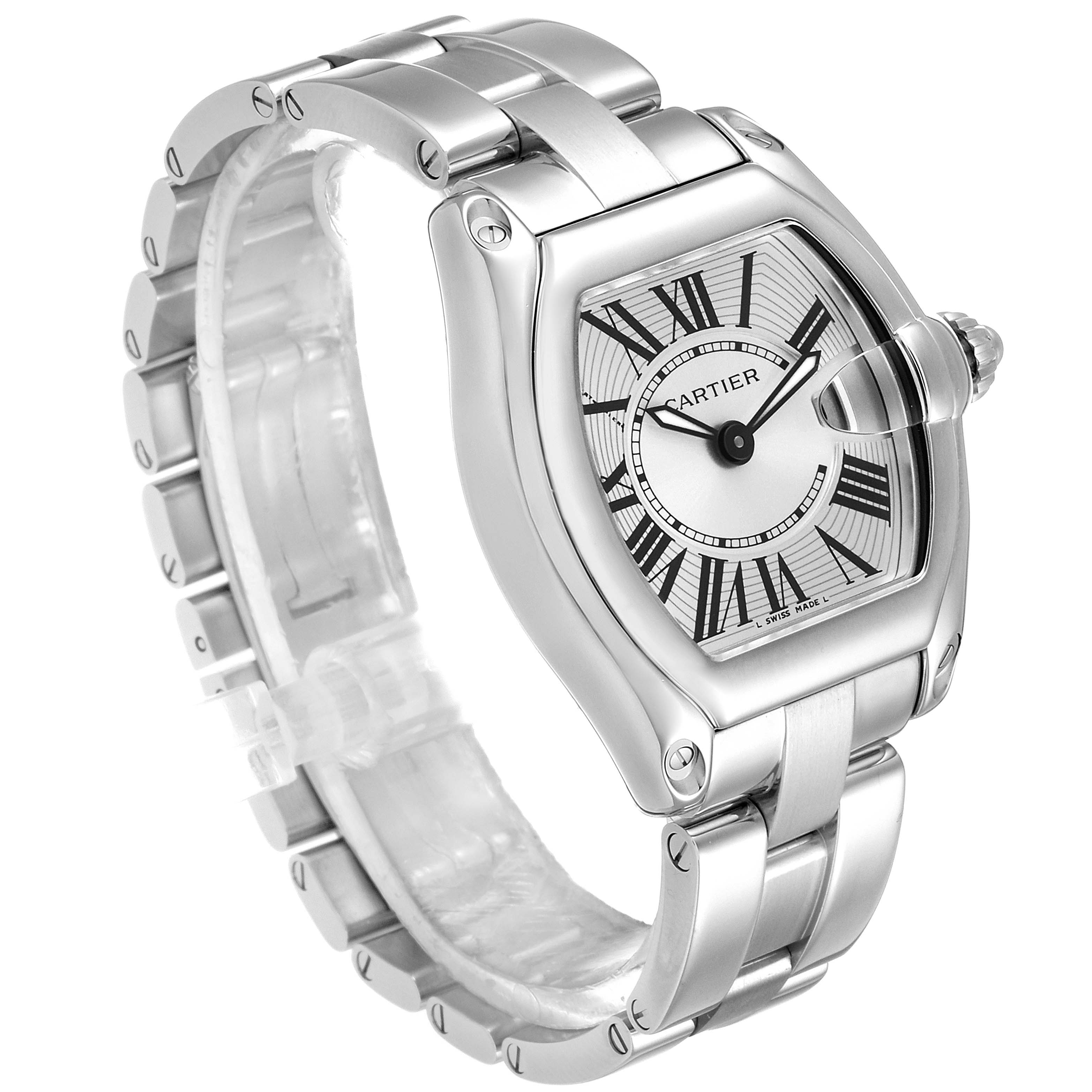 The image shows a Cartier Roadster W62016V3 Women's Stainless Steel Silver Dial W62016V3 Women's Stainless Steel Silver Dial watch from a front-side angle, highlighting its stainless steel case, dial, and bracelet.