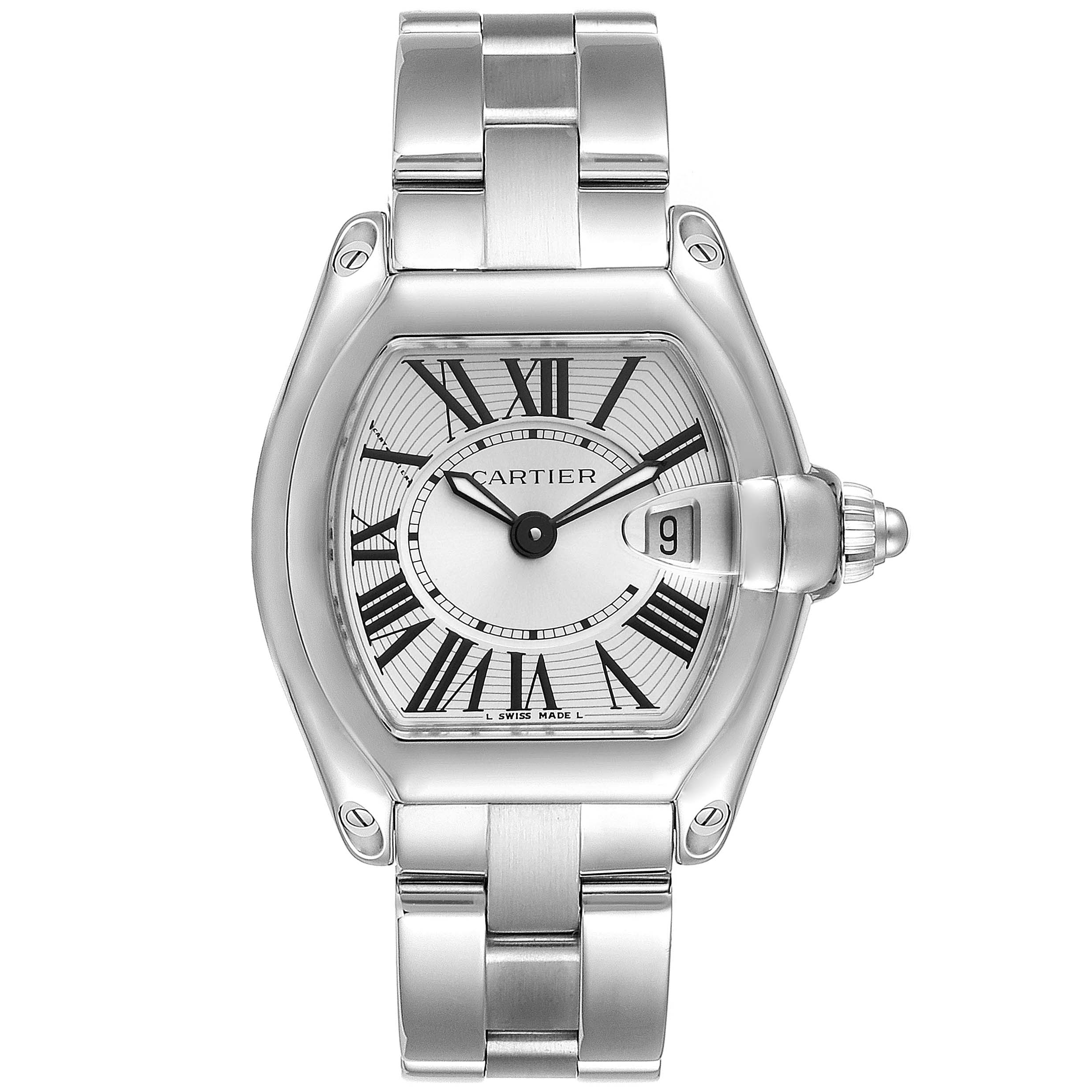This image shows a frontal view of the Cartier Roadster W62016V3 Women's Stainless Steel Silver Dial W62016V3 Women's Stainless Steel Silver Dial watch displaying its face, bracelet, and date window.