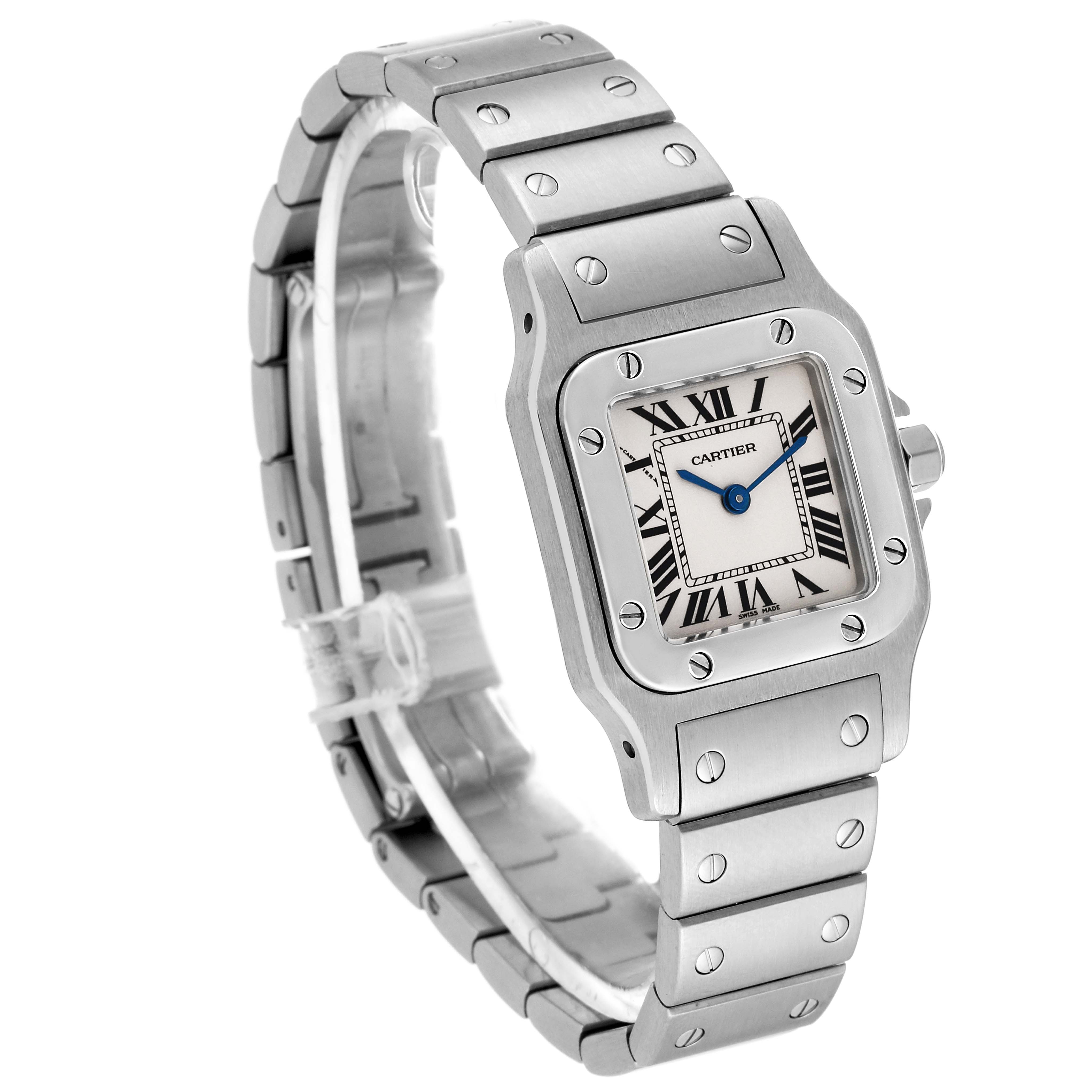The Cartier Santos W20056D6 Women's Stainless Steel Silver Dial W20056D6 Women's Stainless Steel Silver Dial watch is shown at a slight angle, featuring the face, bezel, and stainless steel bracelet.