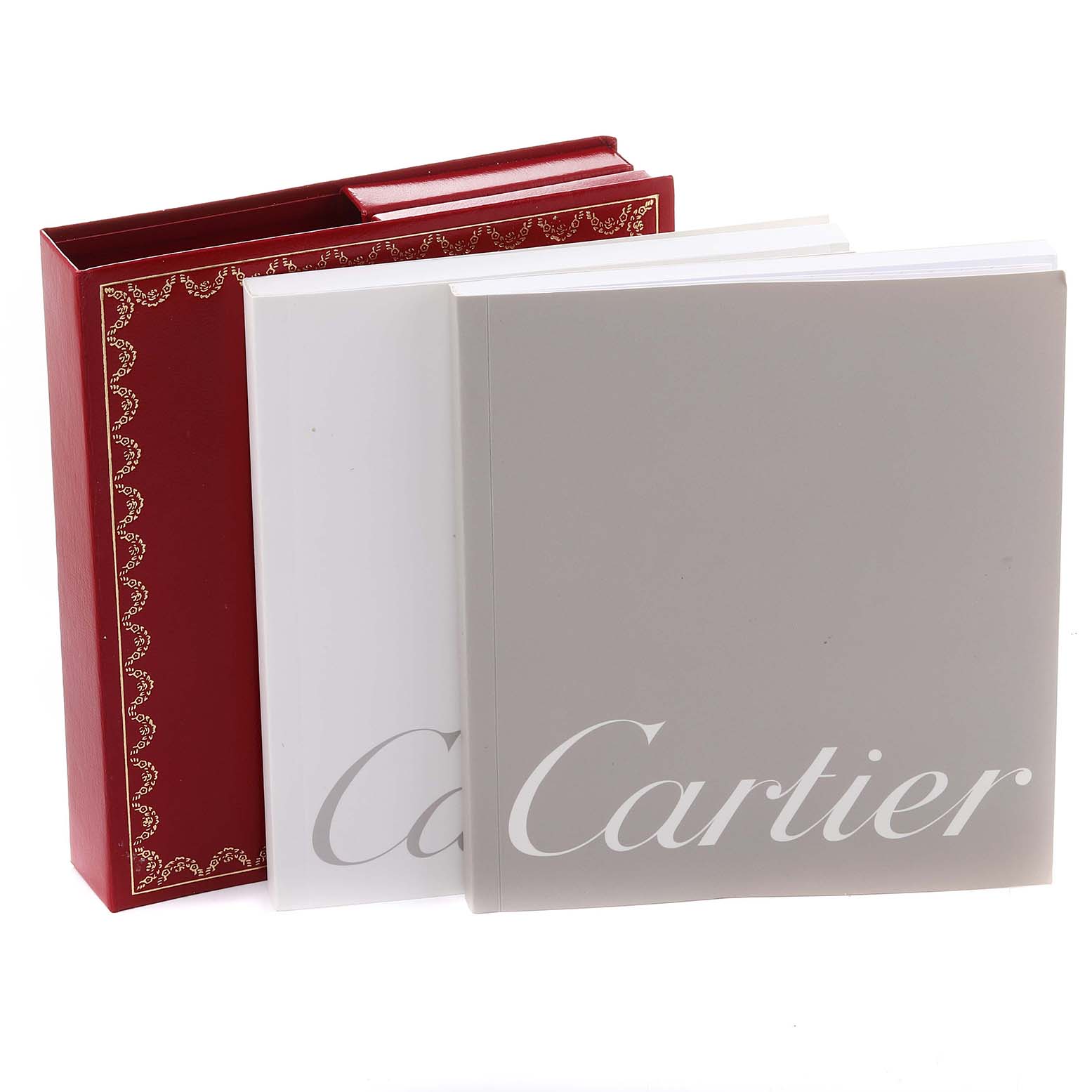 This image shows the box and manuals for a Cartier Santos W20056D6 Women's Stainless Steel Silver Dial W20056D6 Women's Stainless Steel Silver Dial watch.