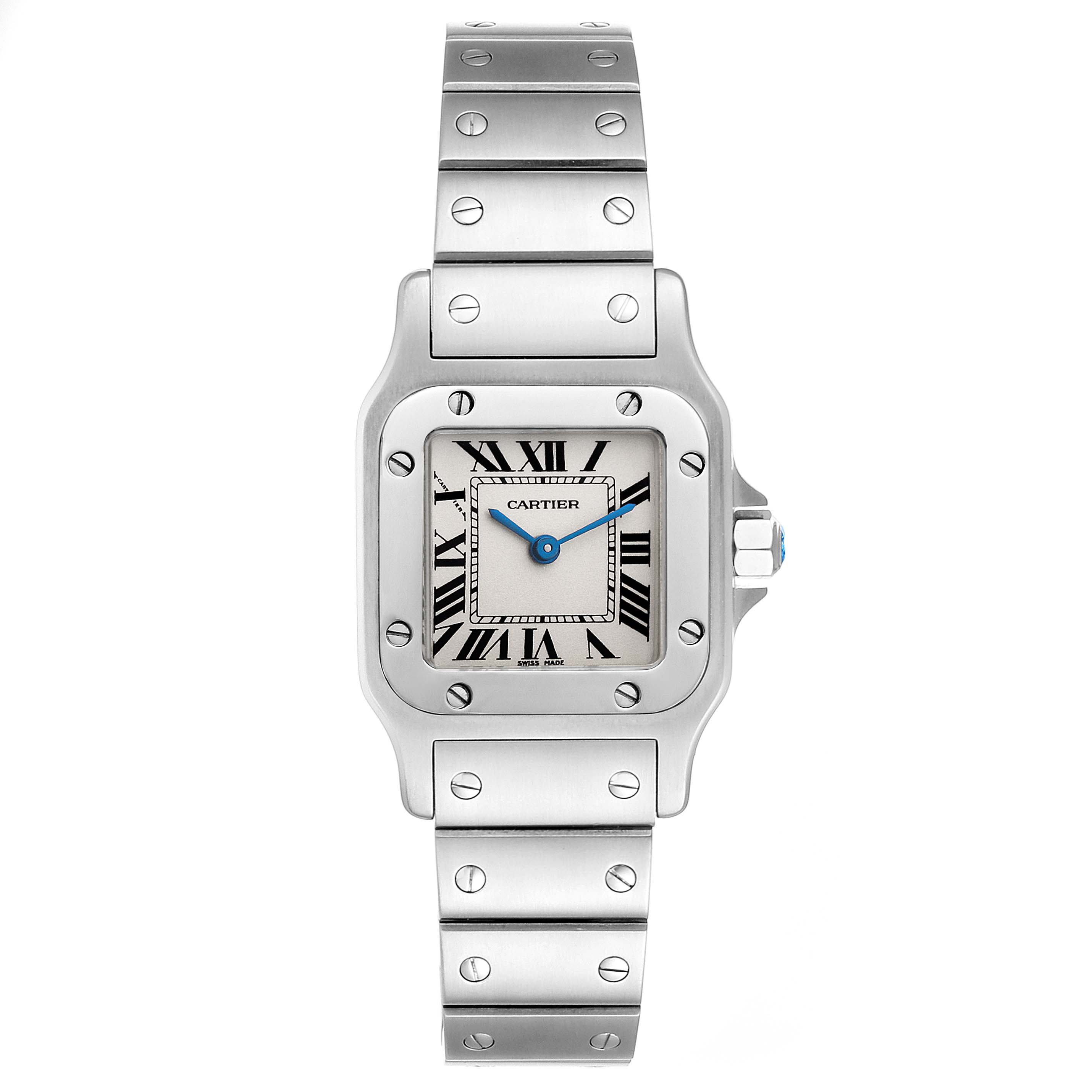 The image shows the front view of a Cartier Santos W20056D6 Women's Stainless Steel Silver Dial W20056D6 Women's Stainless Steel Silver Dial watch, highlighting the case, dial, and bracelet with visible screws.