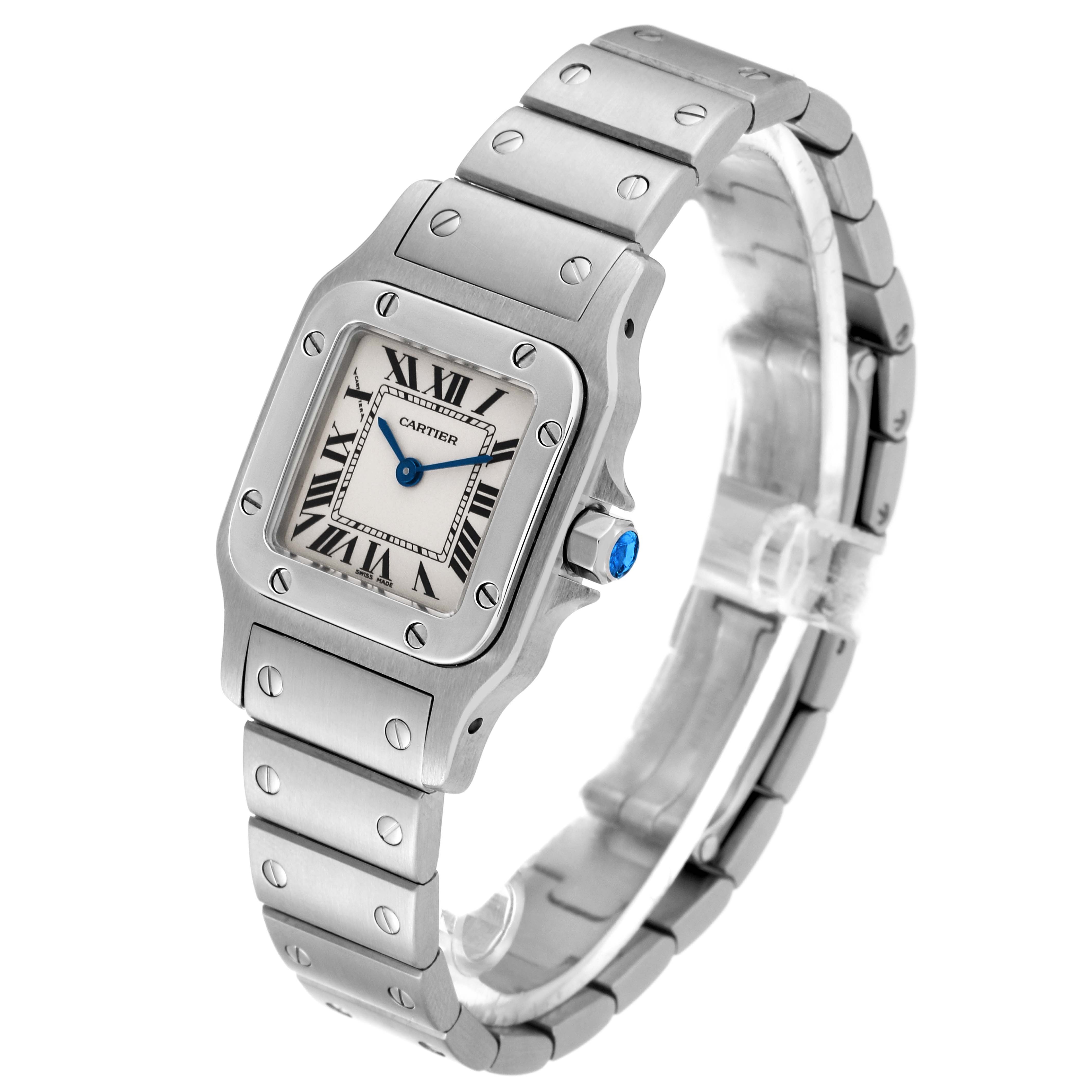 The image shows a Cartier Santos W20056D6 Women's Stainless Steel Silver Dial W20056D6 Women's Stainless Steel Silver Dial watch angled from the front-left, highlighting its face, bezel, and bracelet.
