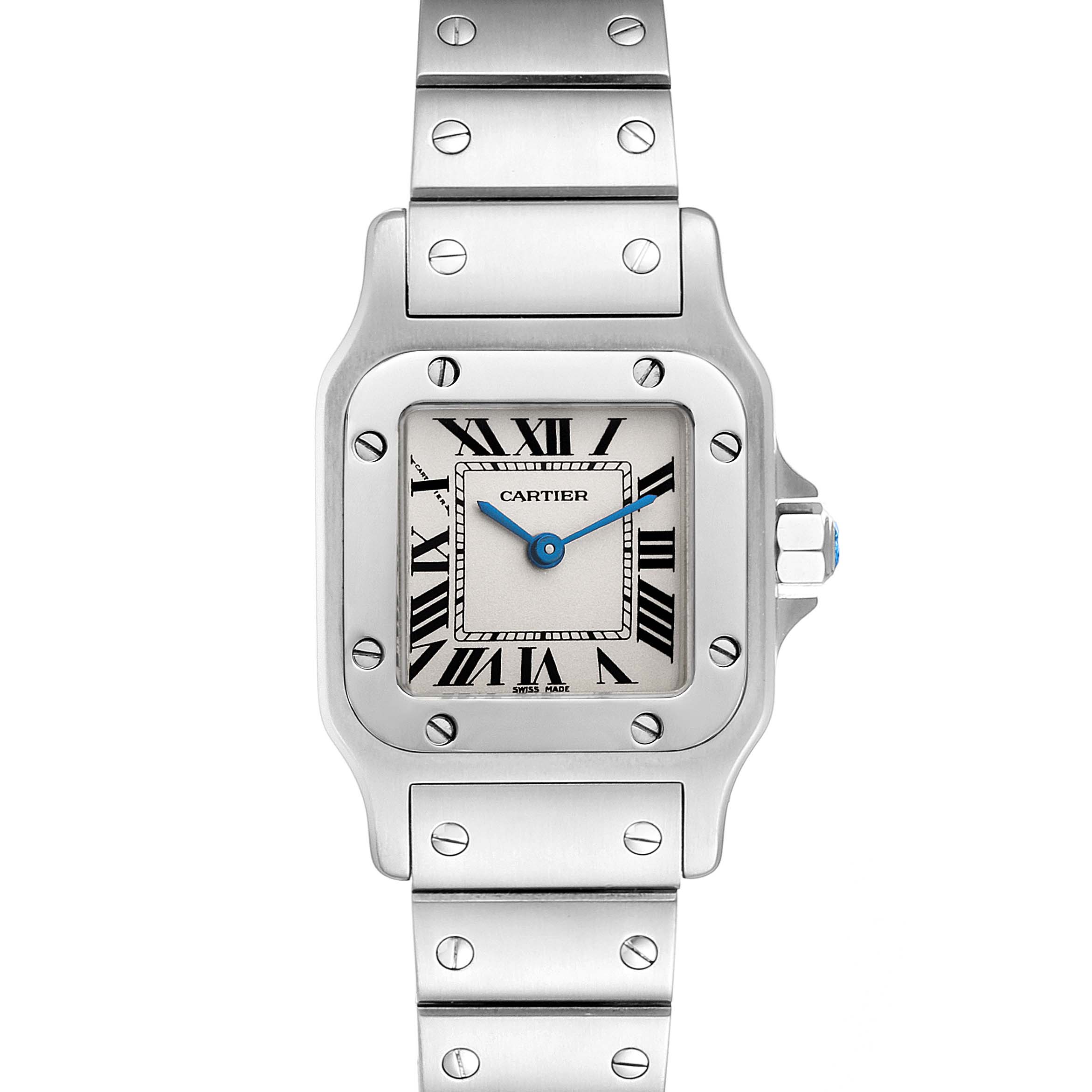 The image shows a front view of the Cartier Santos W20056D6 Women's Stainless Steel Silver Dial W20056D6 Women's Stainless Steel Silver Dial watch, highlighting its square face, Roman numerals, and metal bracelet.