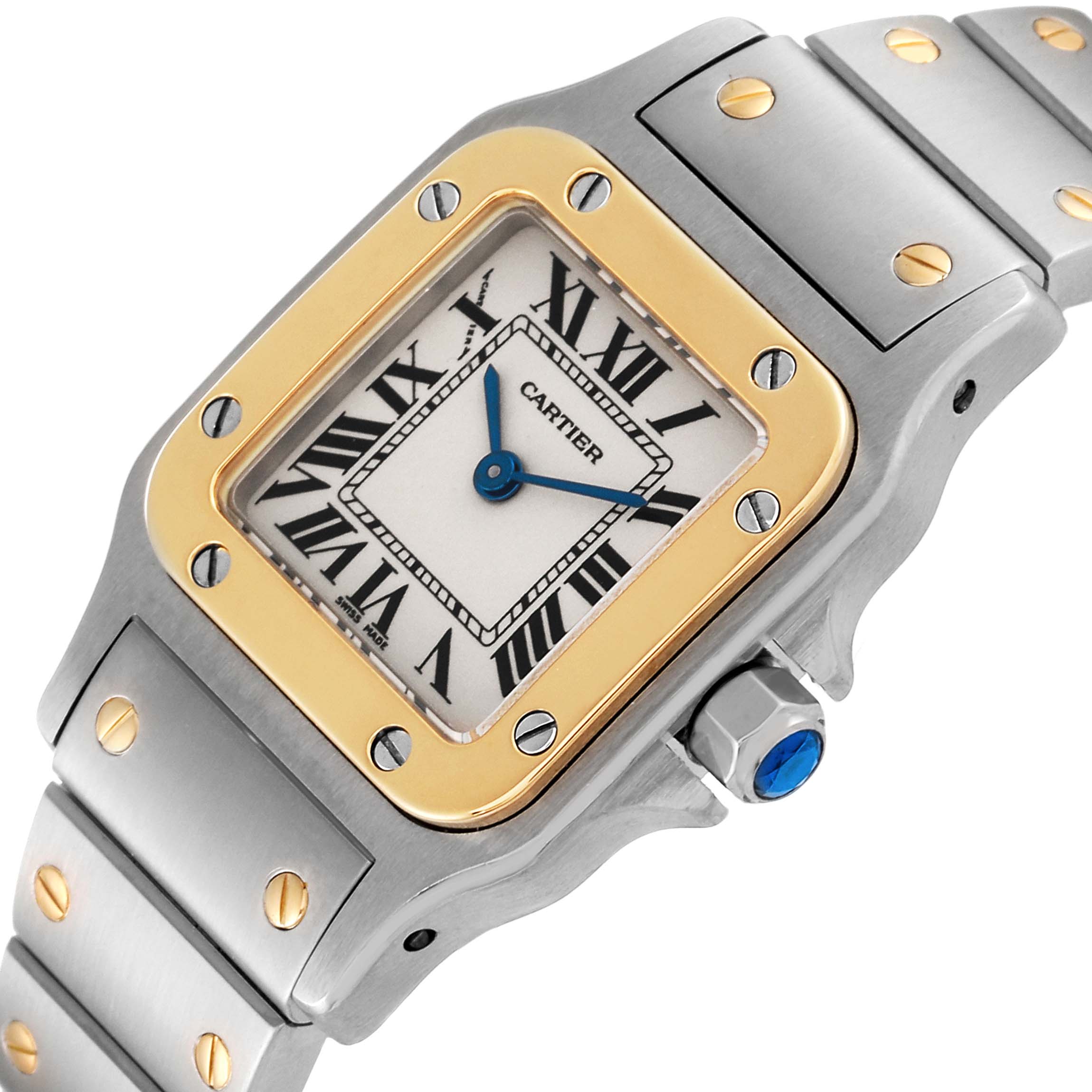 The image shows a close-up of the Cartier Santos W20012C4 Women's Steel and Gold (two tone) Silver Dial W20012C4 Women's Steel and Gold (two tone) Silver Dial watch, displaying the dial, bezel, and part of the bracelet.