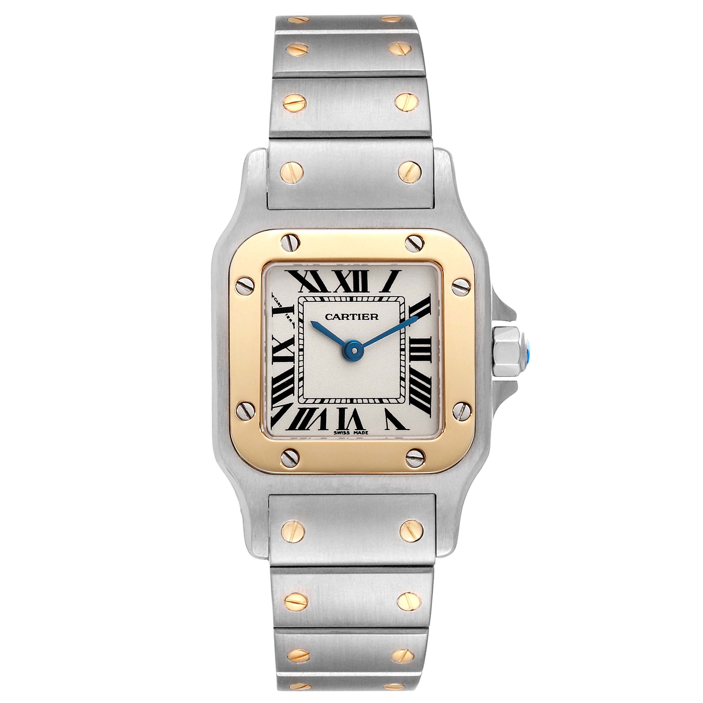 This image shows a front view of a Cartier Santos W20012C4 Women's Steel and Gold (two tone) Silver Dial W20012C4 Women's Steel and Gold (two tone) Silver Dial watch, highlighting its face, bezel, and entire bracelet.