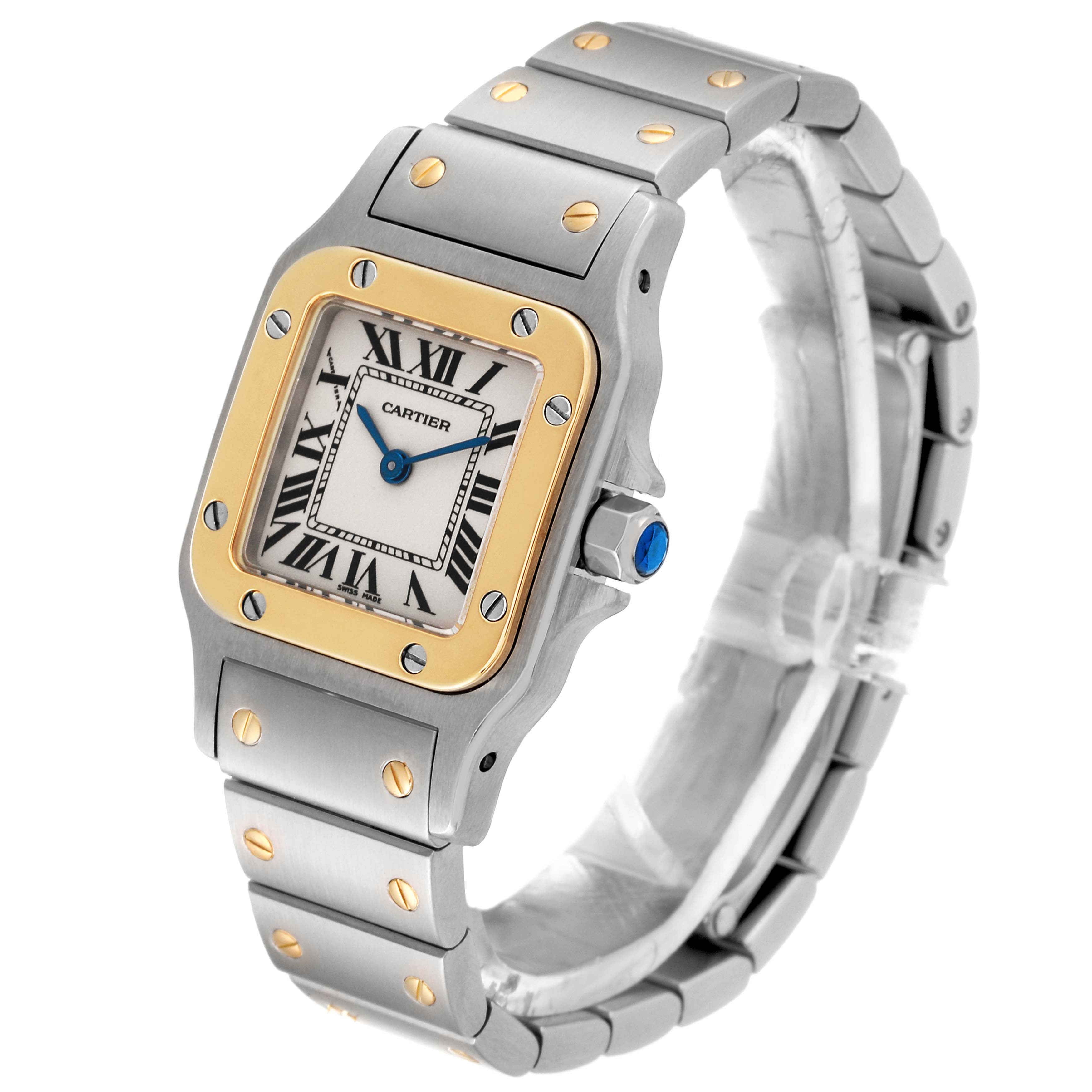 The image shows a Cartier Santos W20012C4 Women's Steel and Gold (two tone) Silver Dial W20012C4 Women's Steel and Gold (two tone) Silver Dial watch, featuring its face, bezel, crown, and part of the bracelet at an angled view.