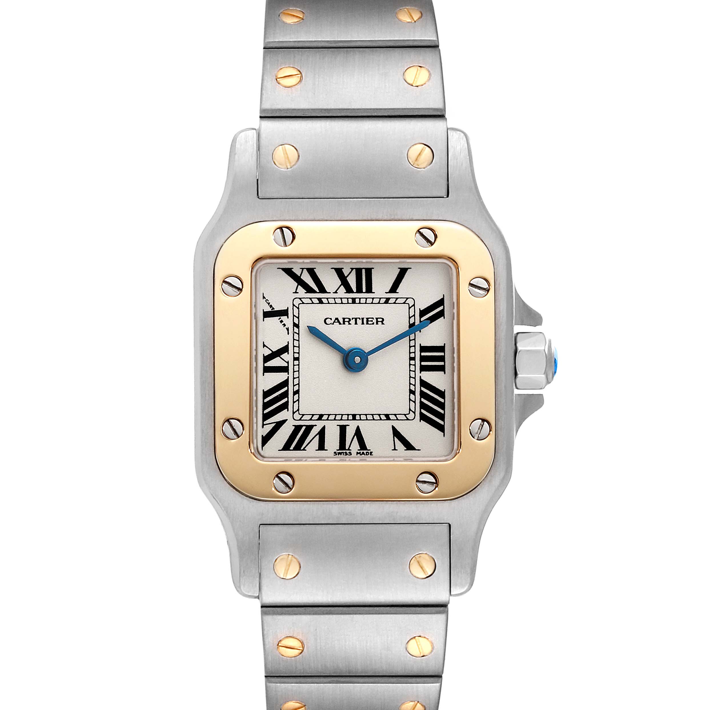 This image shows a front view of the Cartier Santos W20012C4 Women's Steel and Gold (two tone) Silver Dial W20012C4 Women's Steel and Gold (two tone) Silver Dial watch, featuring its face, case, and part of the bracelet.
