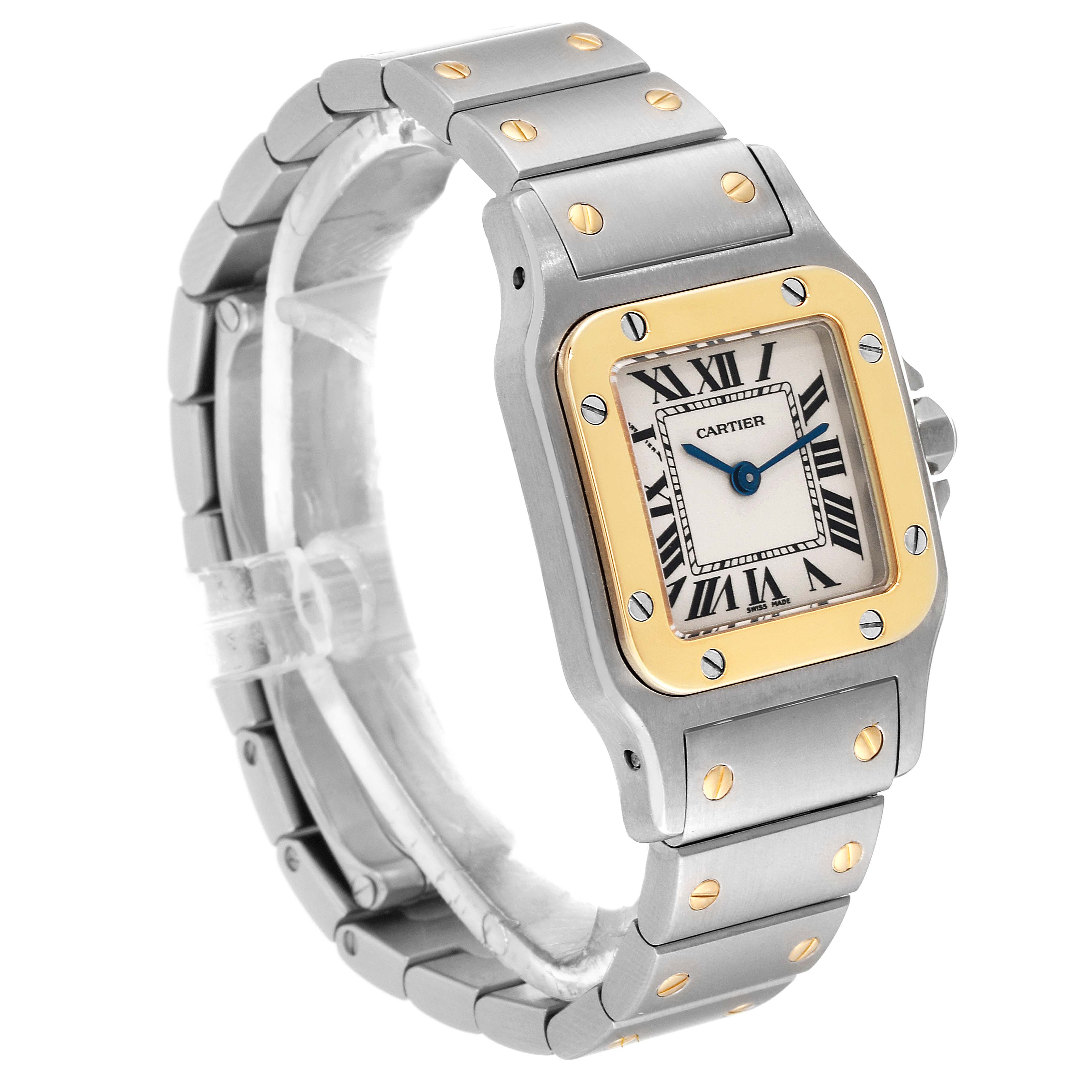 The image shows a Cartier Santos W20012C4 Women's Steel and Gold (two tone) Silver Dial W20012C4 Women's Steel and Gold (two tone) Silver Dial watch at a three-quarter angle, highlighting the face, bezel, and bracelet with gold accents.