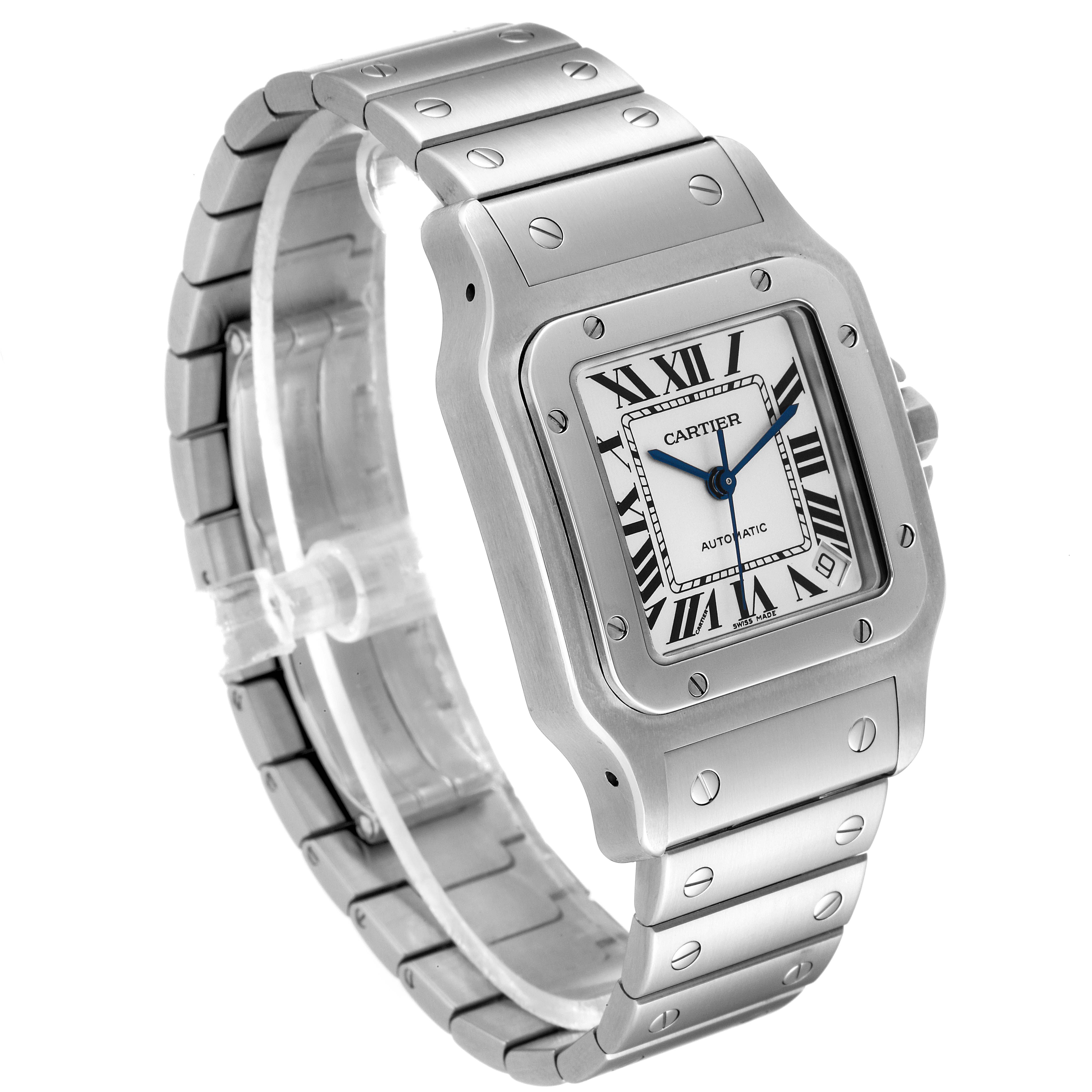The image shows a Cartier Santos W20098D6 Men's Stainless Steel Silver Dial W20098D6 Men's Stainless Steel Silver Dial watch from a front-side angle, highlighting its face, bezel, and stainless steel bracelet.